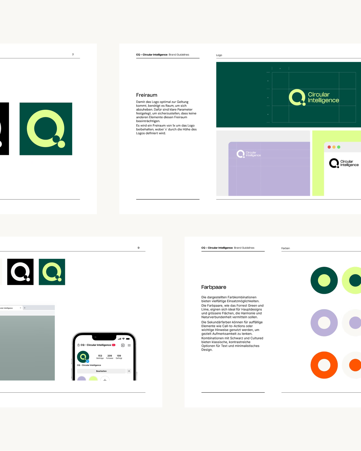 Brand Guidelines von CQ Circular Intelligence mit Logo, Schutzraum und Farbpaaren