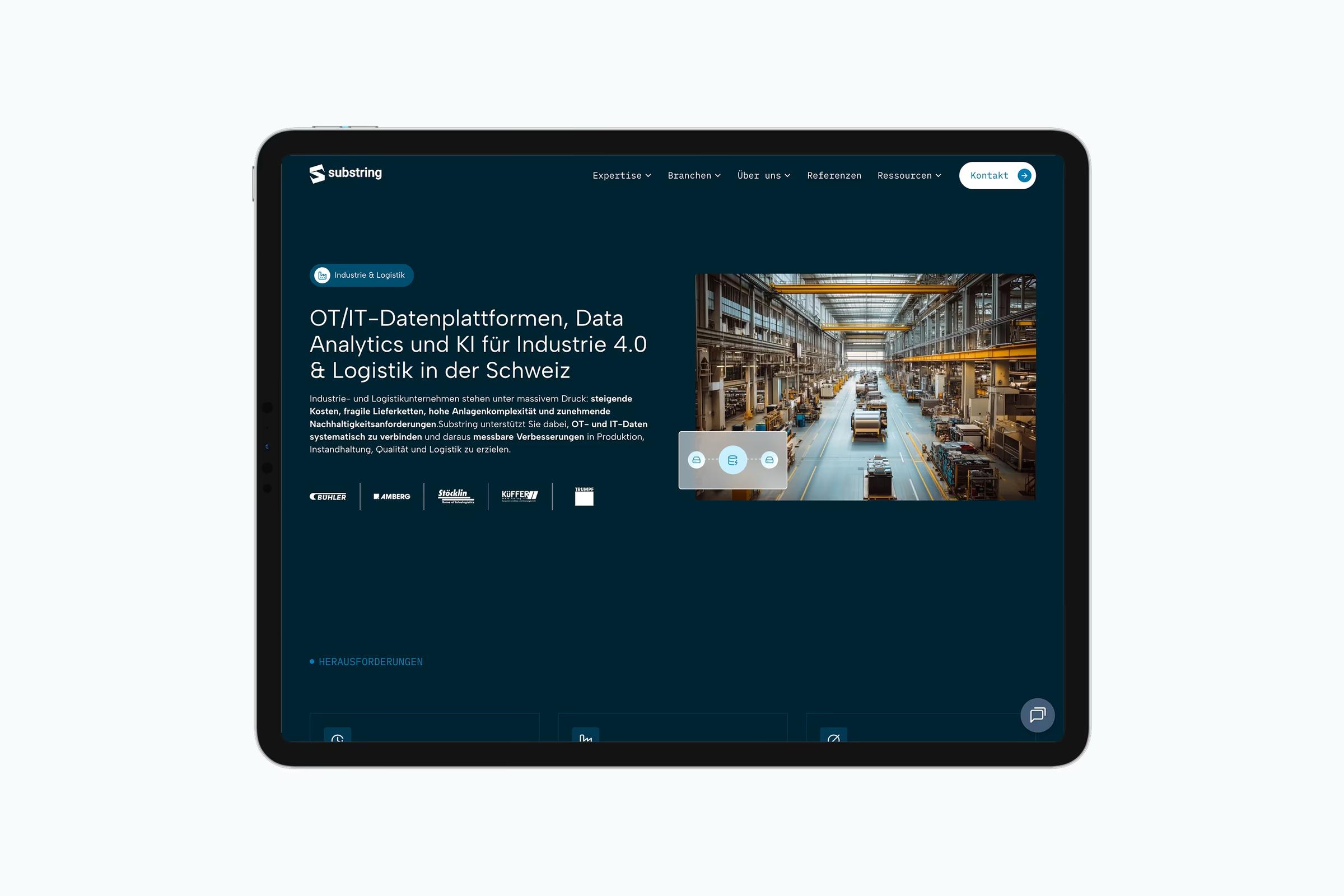 Tablet mit der Seite von Substring zu Datenplattformen für Industrie 4.0 und Logistik