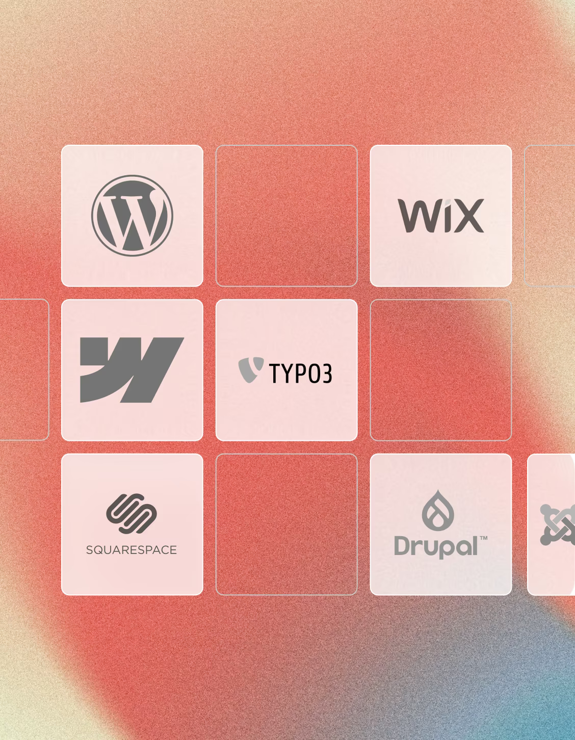 Logos von CMS-Systemen: WordPress, Wix, Webflow, TYPO3, Squarespace und Drupal