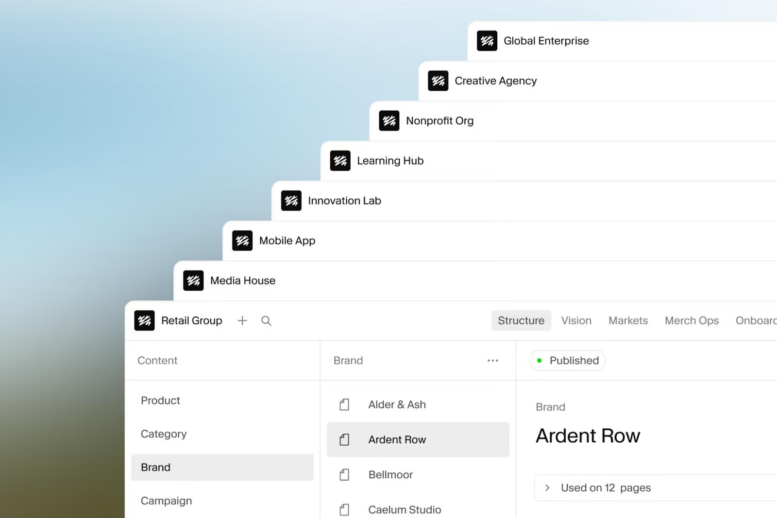Sanity Studio mit mehreren Workspaces und einer Liste von Marken