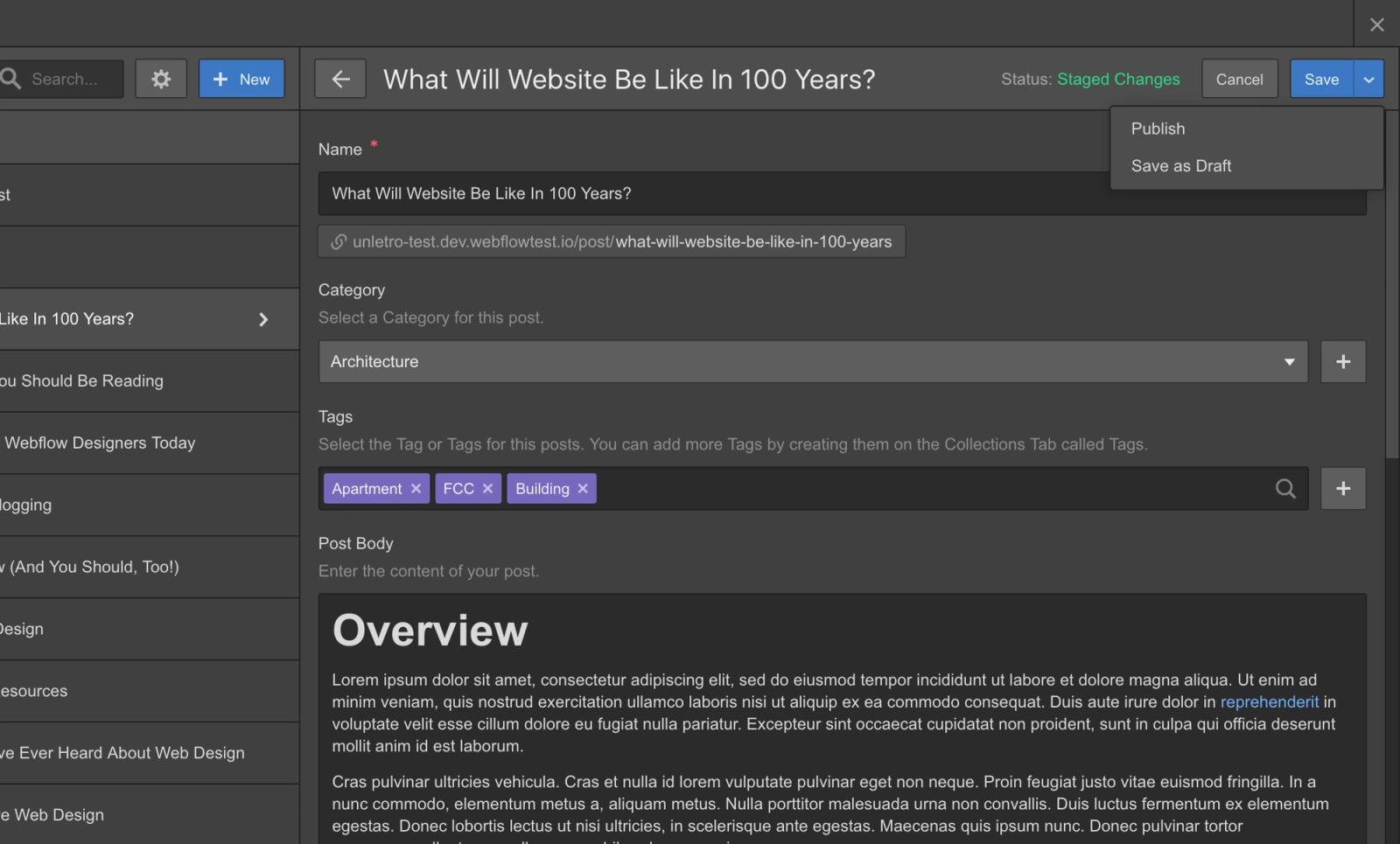 Webflow CMS Editor mit einem Blogbeitrag: Name, Kategorie, Tags und Inhalt