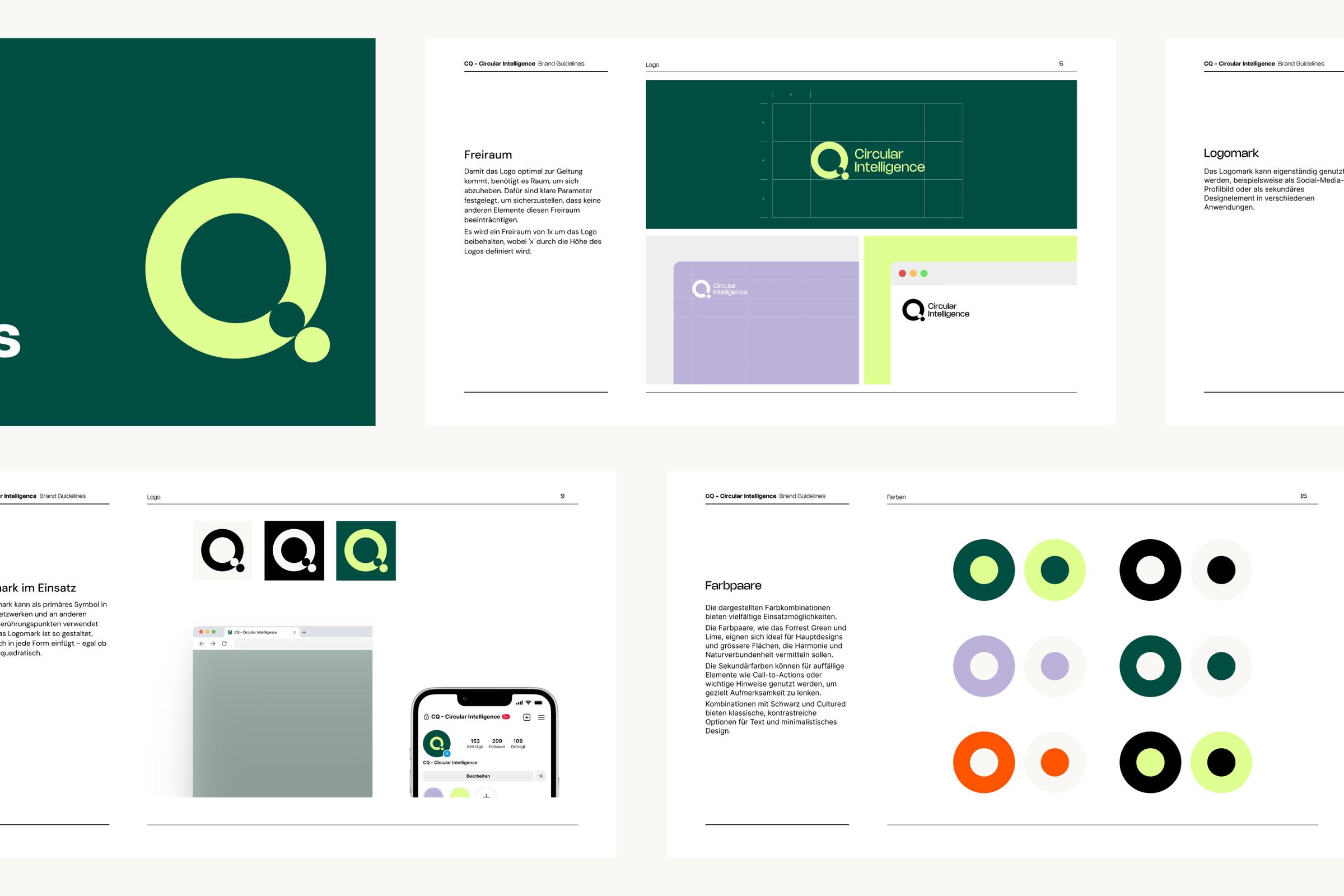 Brand Guidelines von CQ Circular Intelligence mit Logo, Schutzraum und Farbpaaren