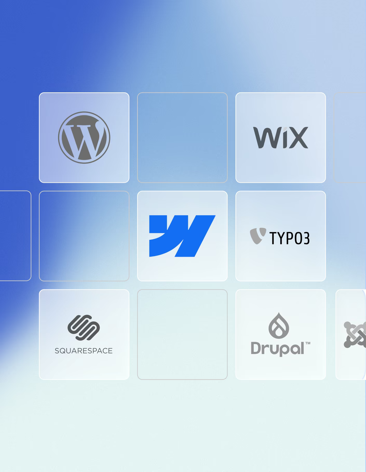 Logos von CMS-Systemen: WordPress, Wix, Webflow, TYPO3, Squarespace und Drupal