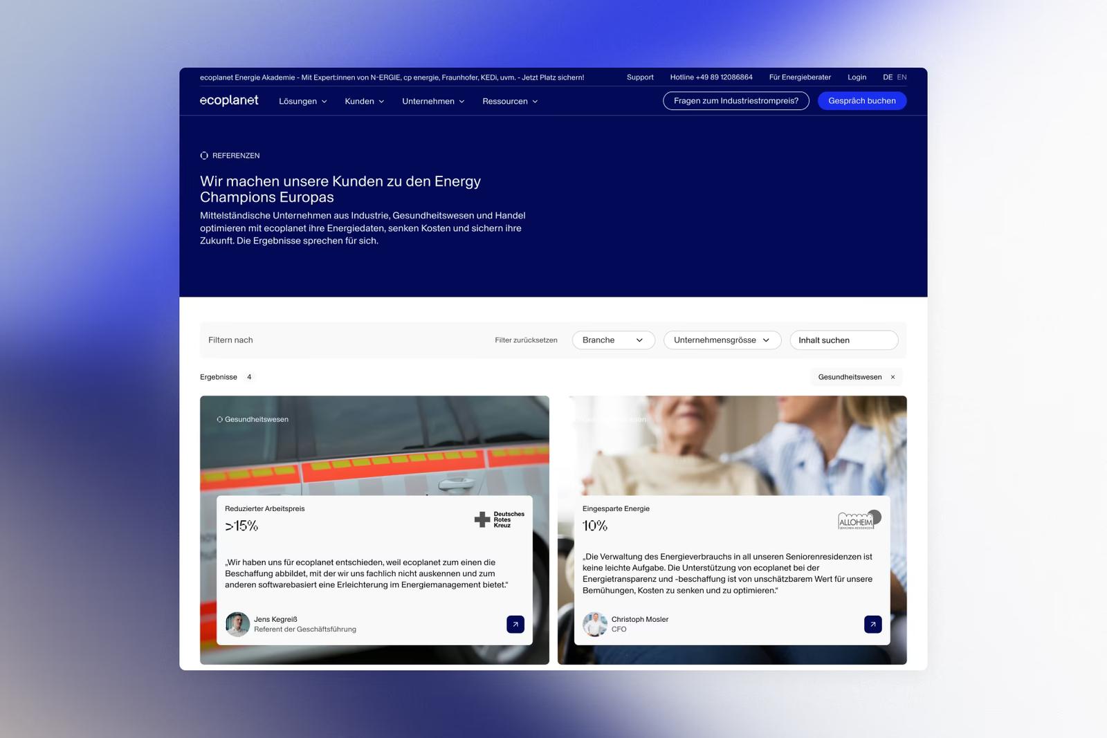 Referenzseite von ecoplanet mit Kundenstimmen und Kennzahlen