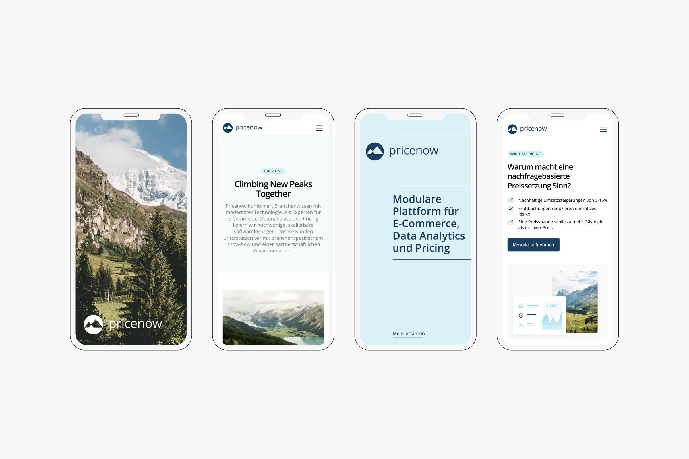Vier Smartphone-Screens der Pricenow-Webseite