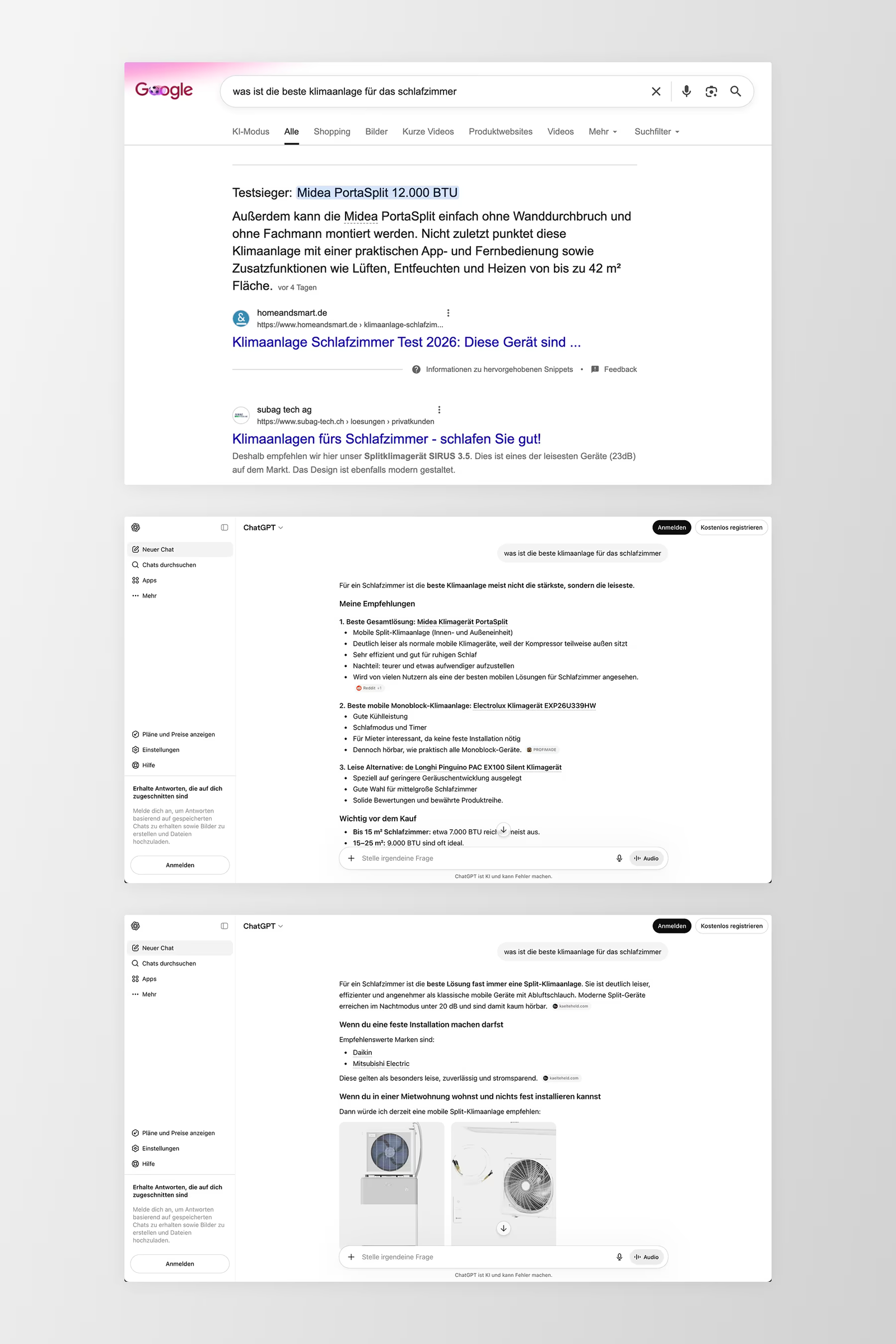 Google-Suche und ChatGPT-Antworten zur besten Klimaanlage fürs Schlafzimmer