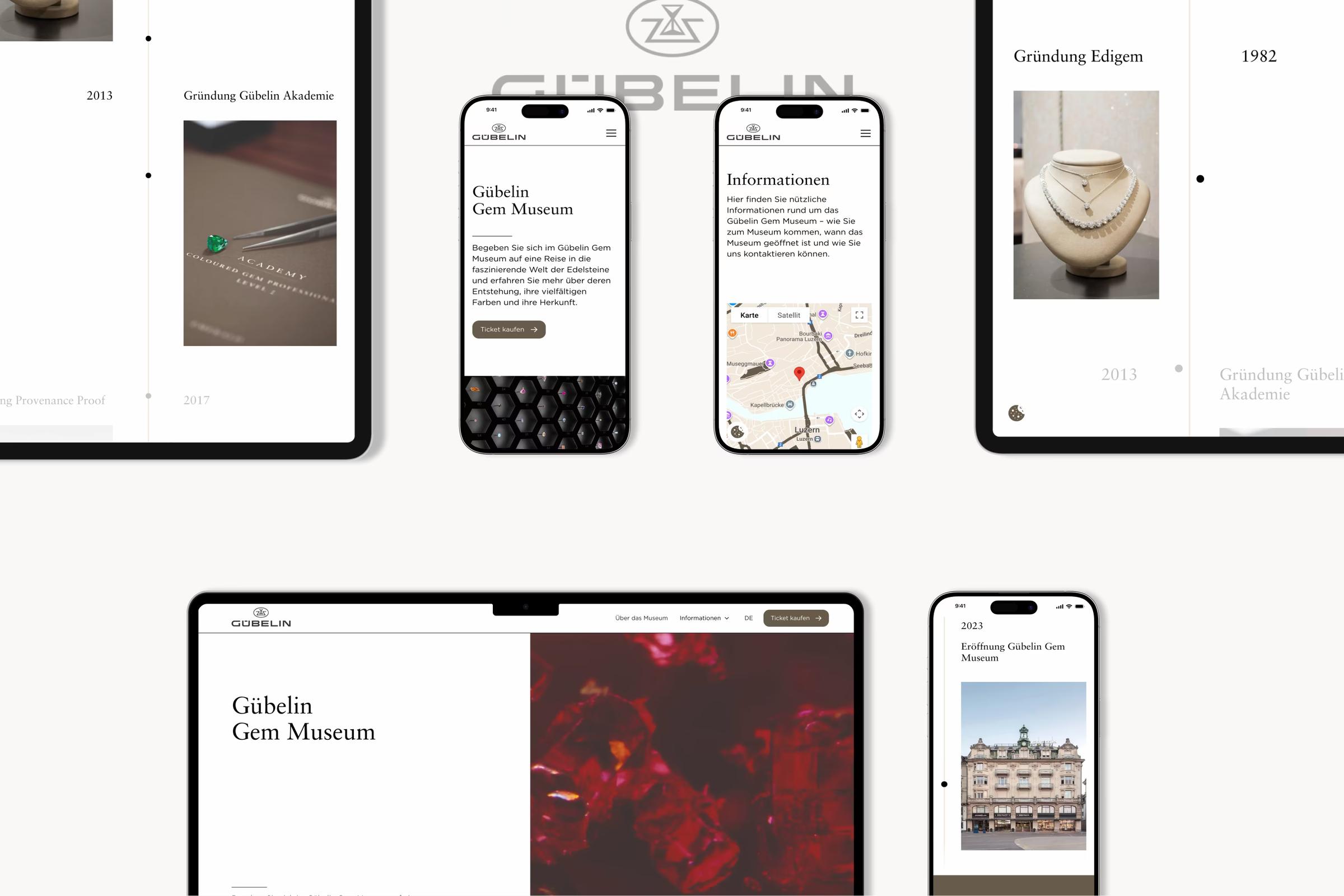 Webseite des Gübelin Gem Museum auf Laptop, Tablet und Smartphones