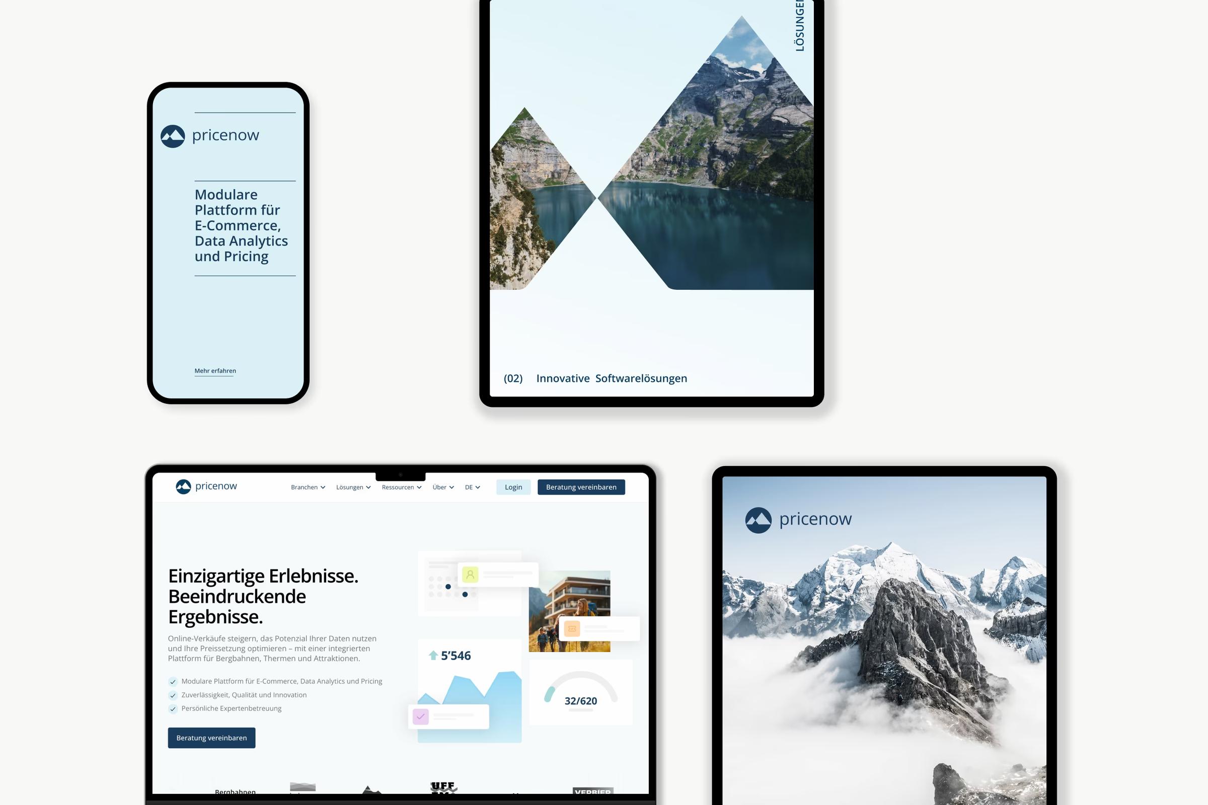 Webseite von Pricenow auf Smartphone, Tablets und Laptop