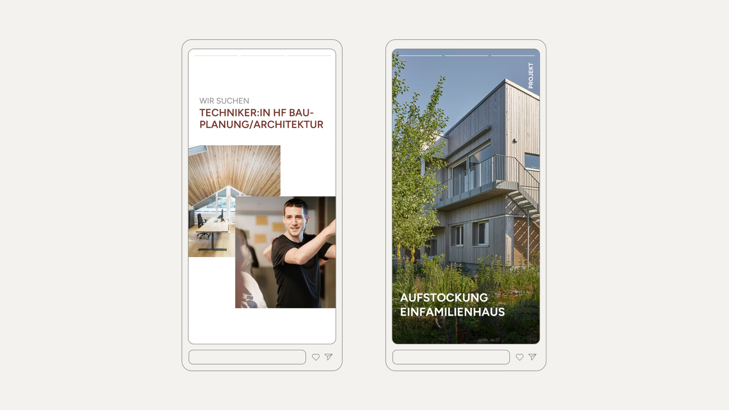 Zwei Instagram Stories von Universal Gebäudemanagement: Stelleninserat und Projekt «Aufstockung Einfamilienhaus»