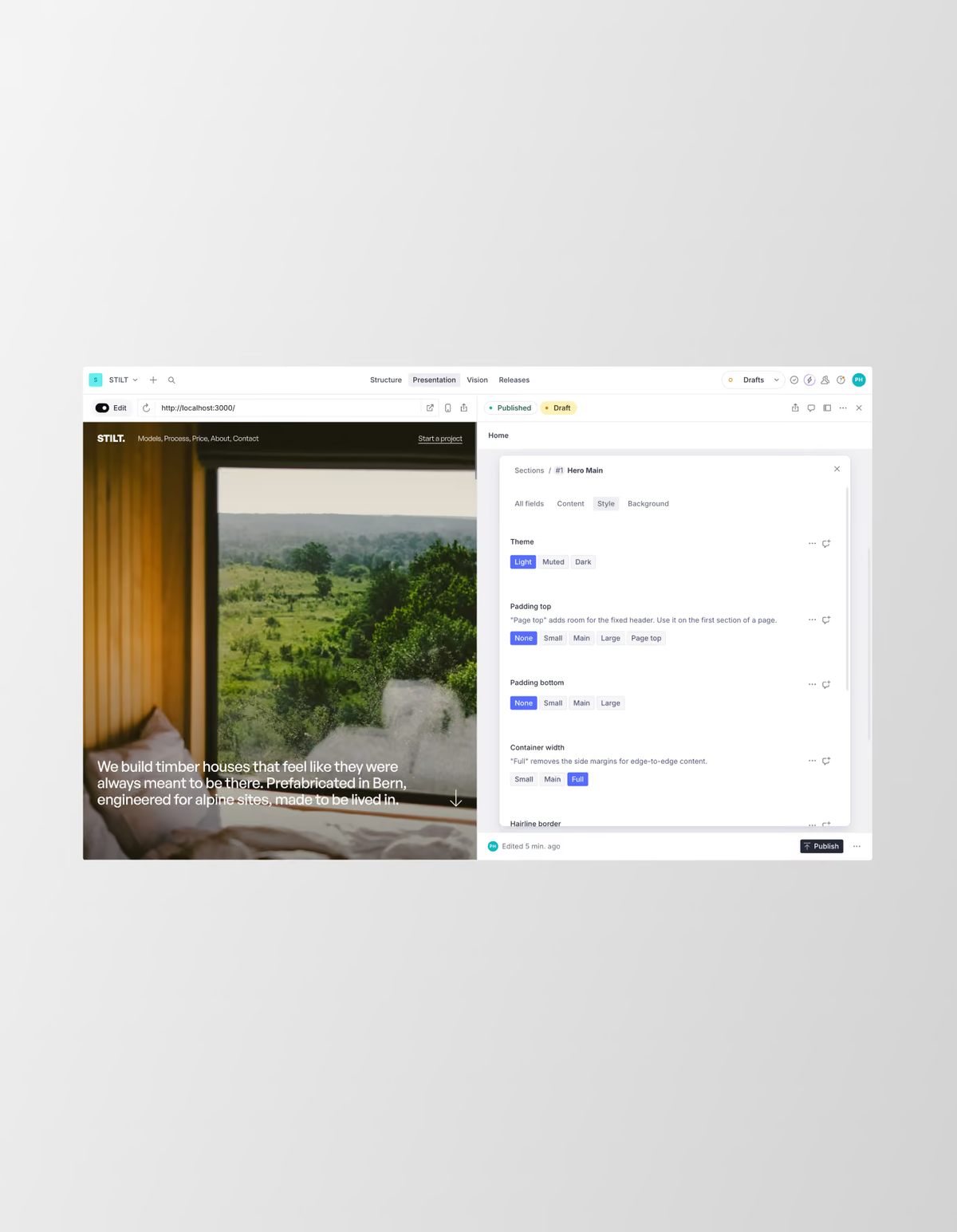 Sanity Studio mit Live-Vorschau einer Webseite und den Feldern eines Hero-Bereichs