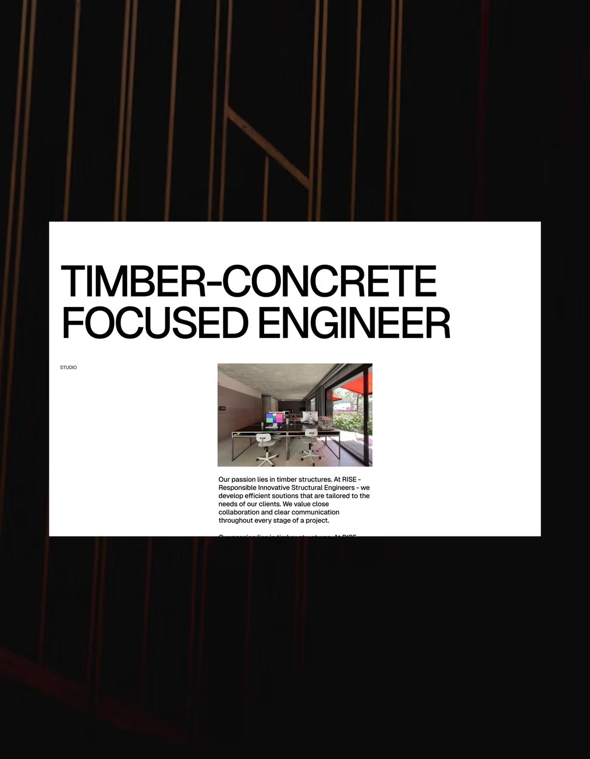 Webseite von RISE Engineers mit der Headline «Timber-Concrete Focused Engineer»