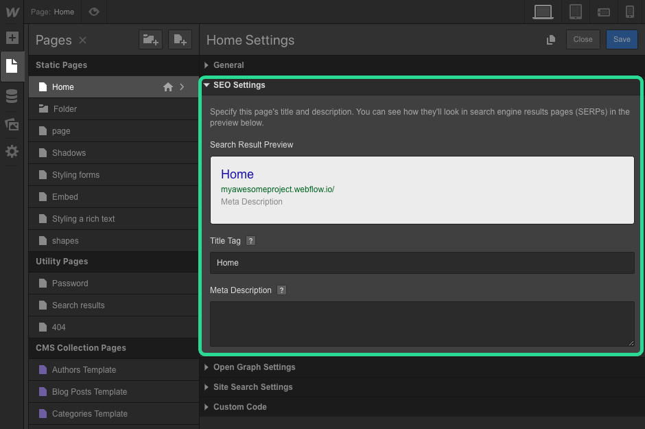 SEO-Einstellungen einer Seite in Webflow mit Vorschau des Suchergebnisses, Title Tag und Meta Description