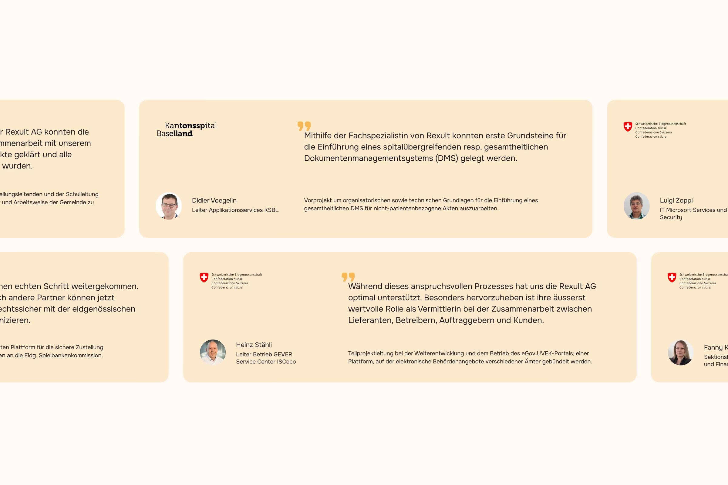 Kundenstimmen auf der Rexult-Webseite, etwa vom Kantonsspital Baselland