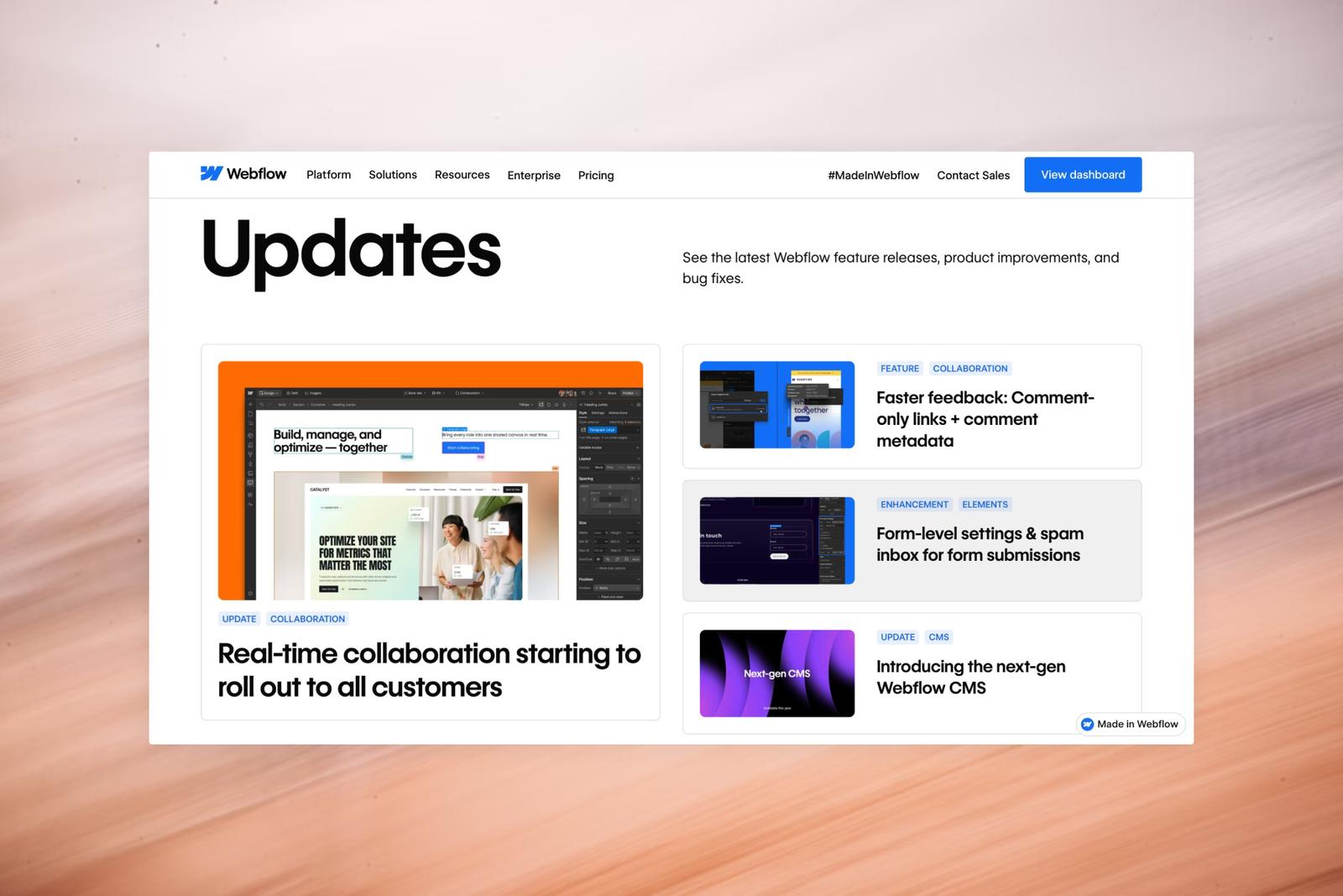 Seite «Updates» von Webflow mit neuen Funktionen