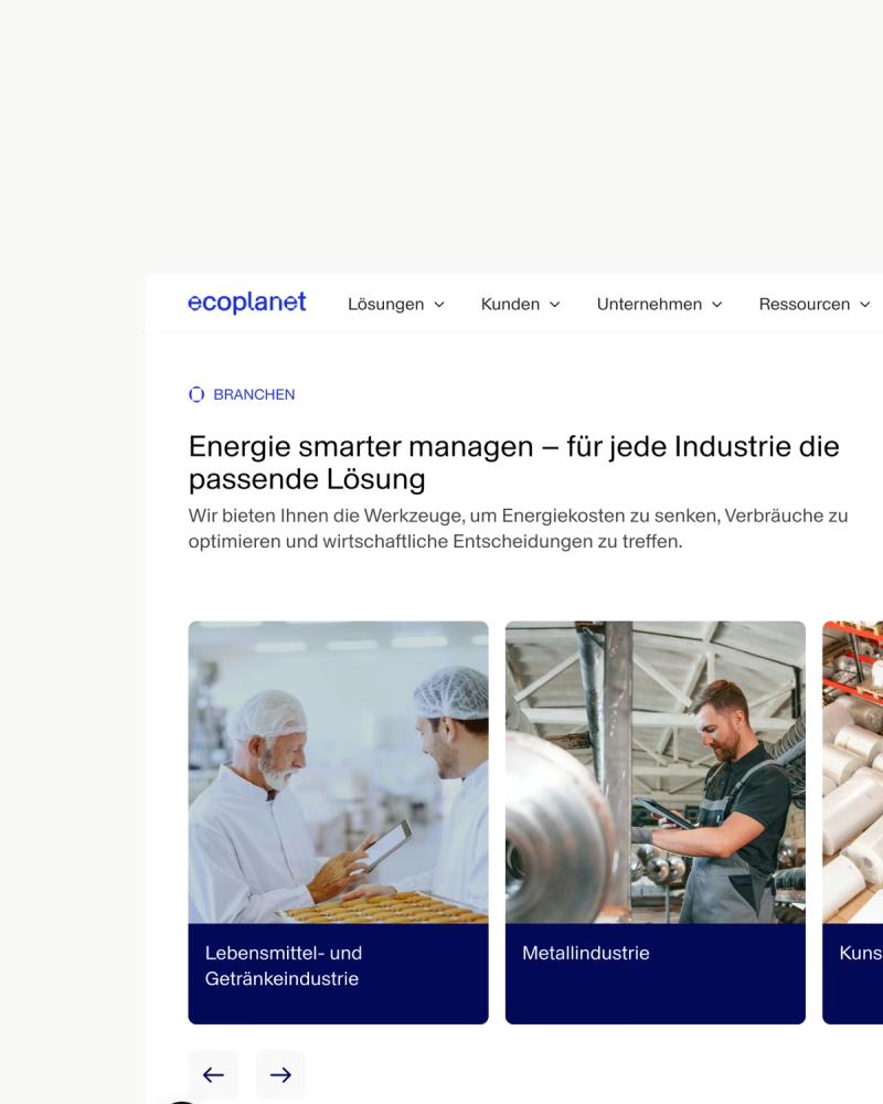 Abschnitt mit Branchenlösungen der ecoplanet-Webseite, etwa Lebensmittel- und Metallindustrie