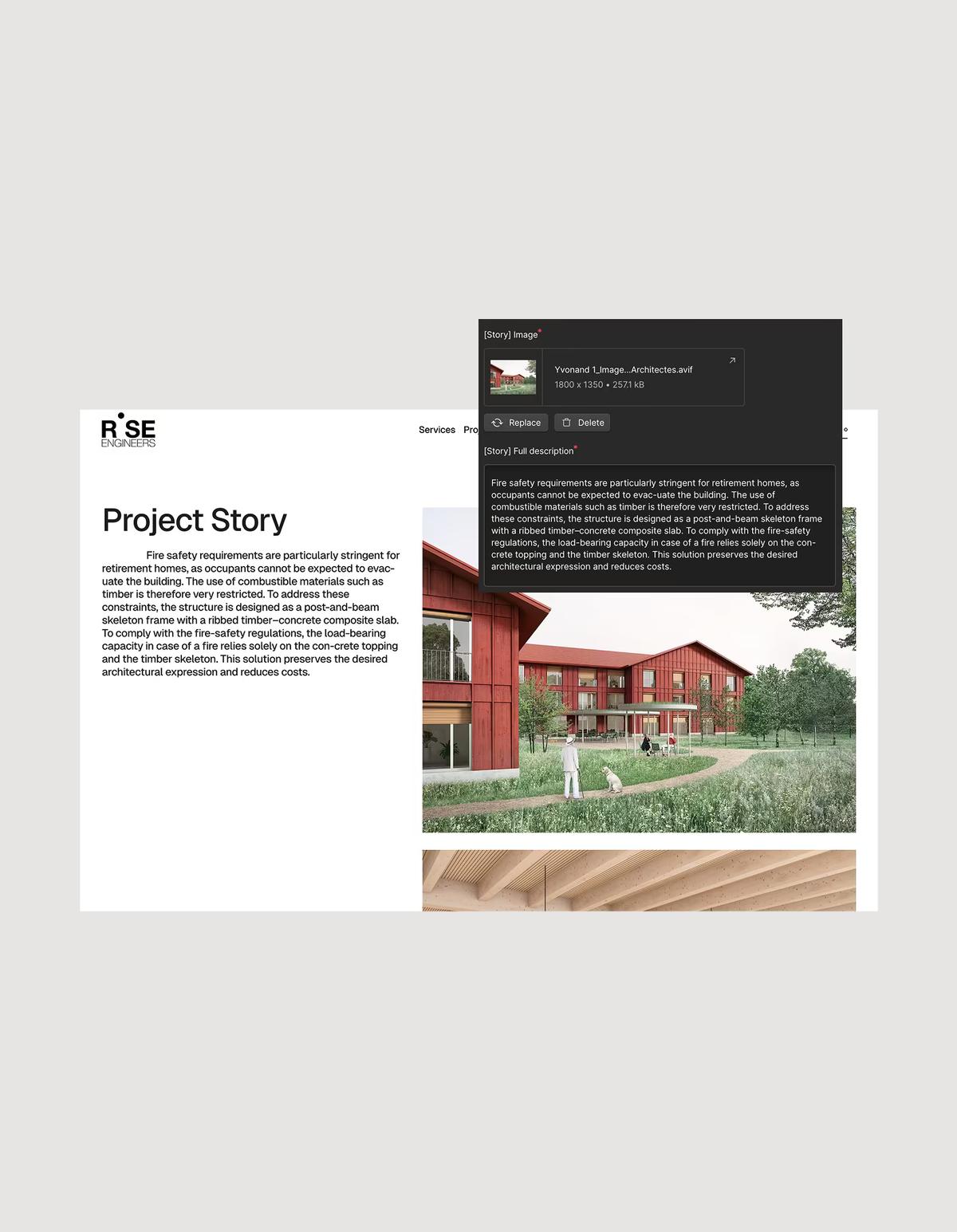 Sanity Studio mit der Projektseite von RISE Engineers: Bildfeld und Text «Project Story»
