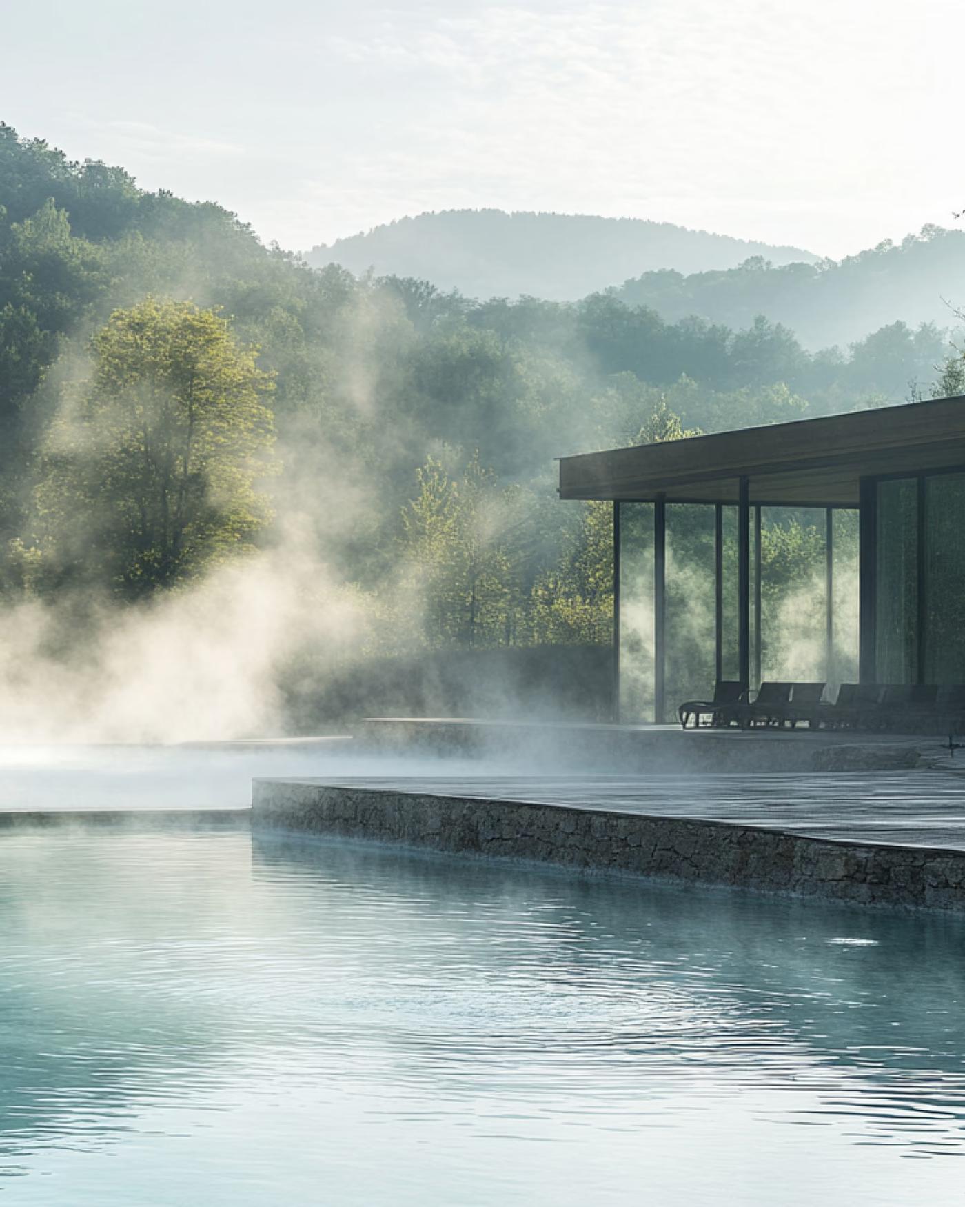Dampfendes Aussenbecken einer Therme vor bewaldeten Hügeln