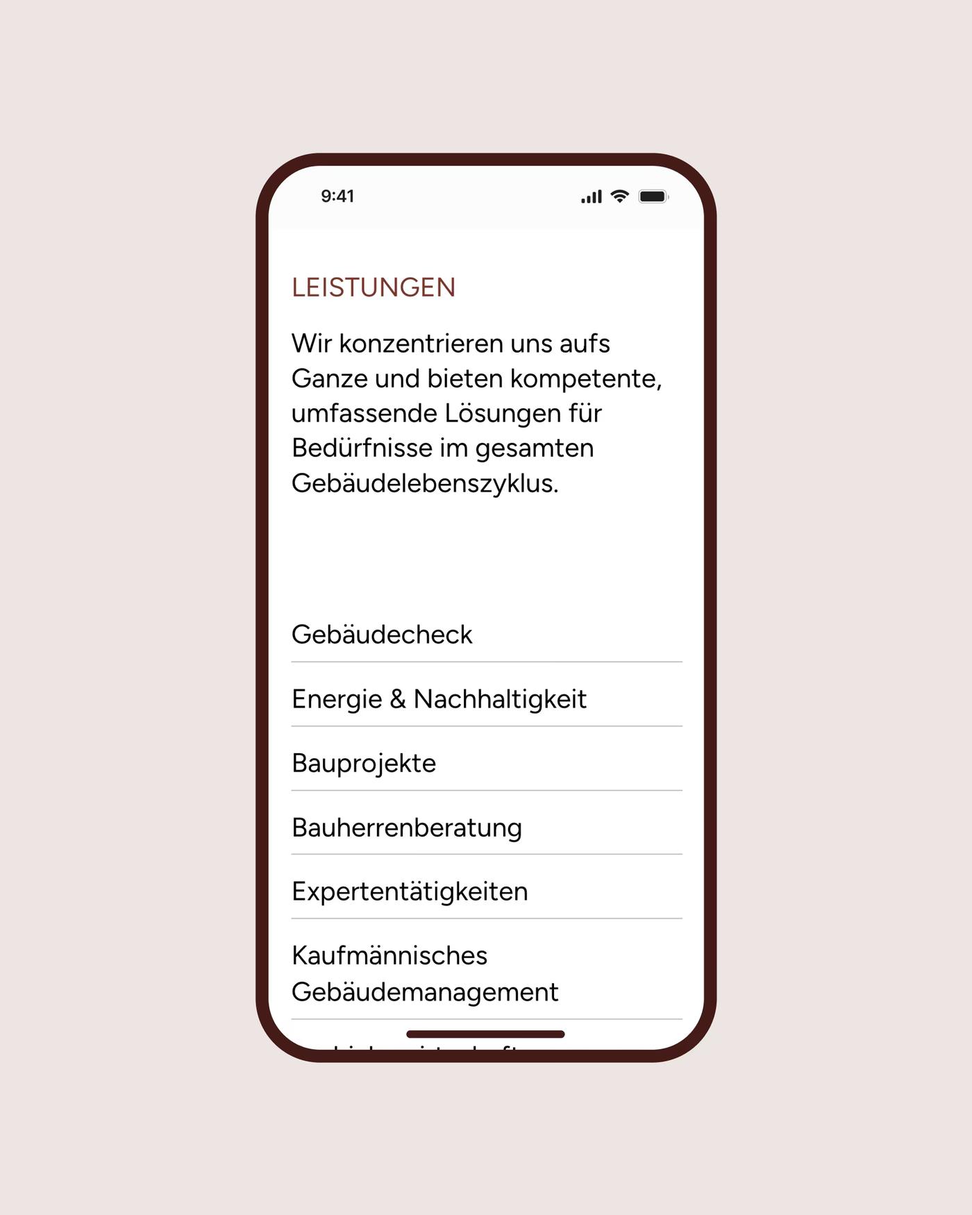 Smartphone mit den Leistungen von Universal Gebäudemanagement, etwa Gebäudecheck und Bauprojekte