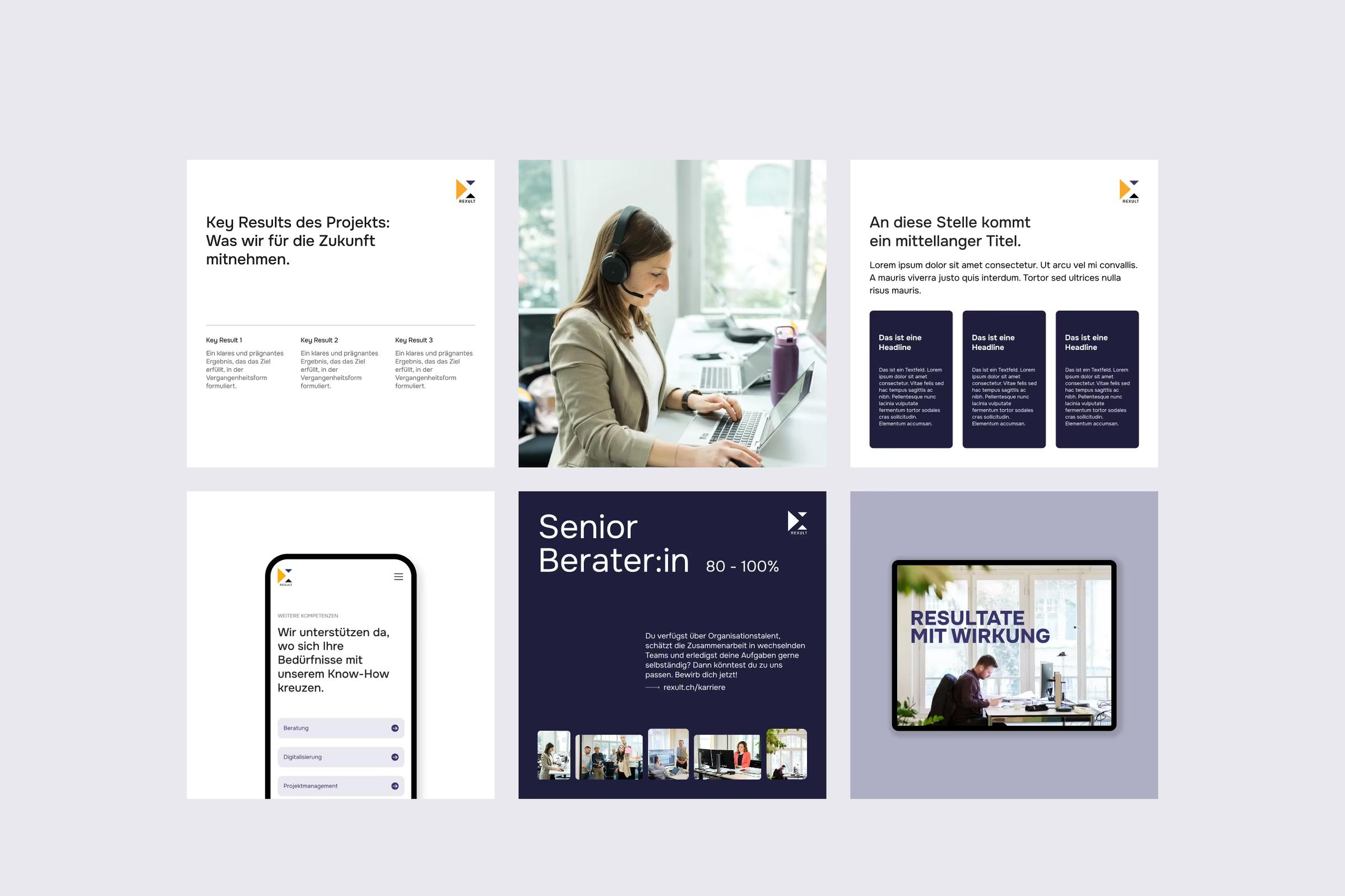 Social-Media-Posts und Slides im Design von Rexult