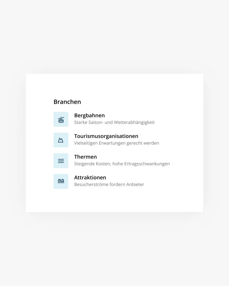 Menü von Pricenow mit den Branchen Bergbahnen, Tourismusorganisationen, Thermen und Attraktionen