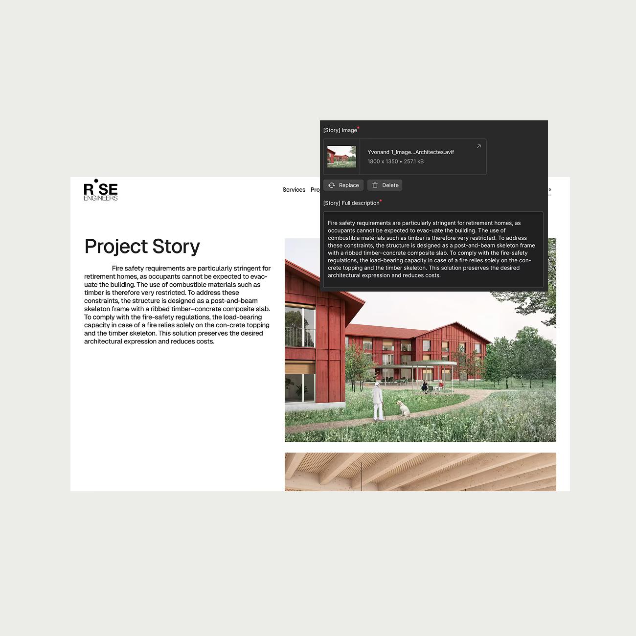 Projektseite von RISE Engineers mit Bild- und Textfeldern im Webflow-Editor