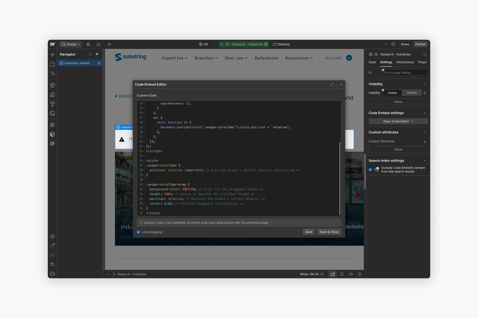 Webflow Designer mit dem Code Embed Editor auf der Substring-Webseite
