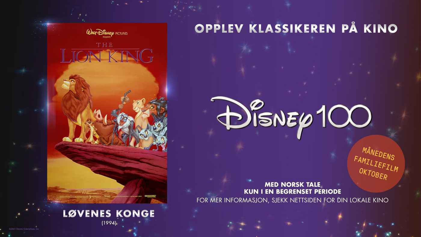 Disney 100 år med filmplakat for Løvenes konge. Noen animerte dyr står på en klippe, blant annet en løve.