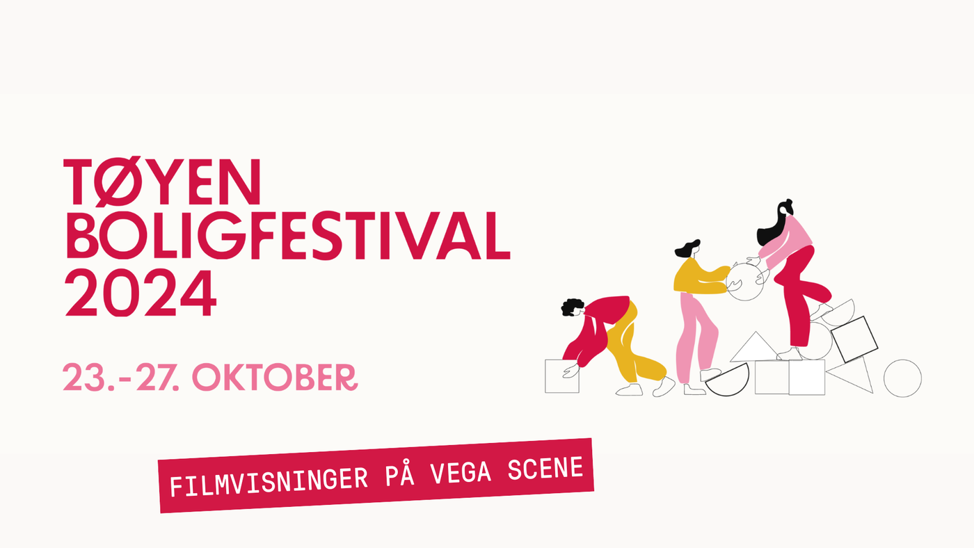 Tegnet bilde av noen som flytter på små former. Tekst: Tøyen Boligfestival 2024 