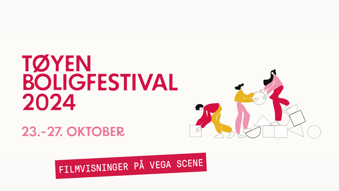 Tegnet bilde av noen som flytter på små former. Tekst: Tøyen Boligfestival 2024