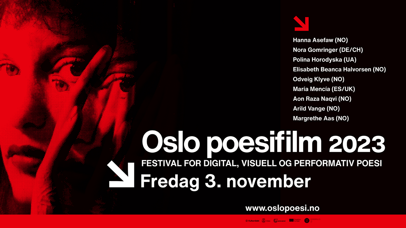 Plakat for Oslo Poesifillm En dame-ansikt gjenspeilet flere ganger. Farger rødt og sort