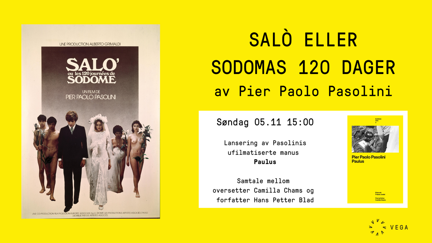 Knallgul plakat til visning av SALÒ ELLER SODOMAS 120 DAGER av Pier Paolo Pasolini