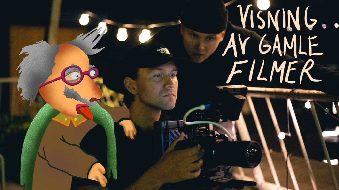 Bildet viser to unge menn som konsentrerer seg om å sette opp et kamera for å filme, mens de er omringet av små lys i bakgrunnen. I forgrunnen er det også plassert en fargerik og humoristisk illustrasjon av en gammel mann, som ser ut til å delta i scenen, sammen med teksten "Visning av gamle filmer".