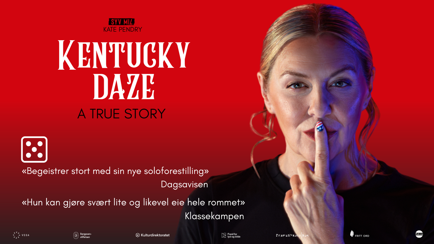 Kvinne med amerikansk flagg på neglen. Plakat for Kentucky Daze teaterforestilling. Terningkast 5 og rekke gode anmeldelser på plakat.