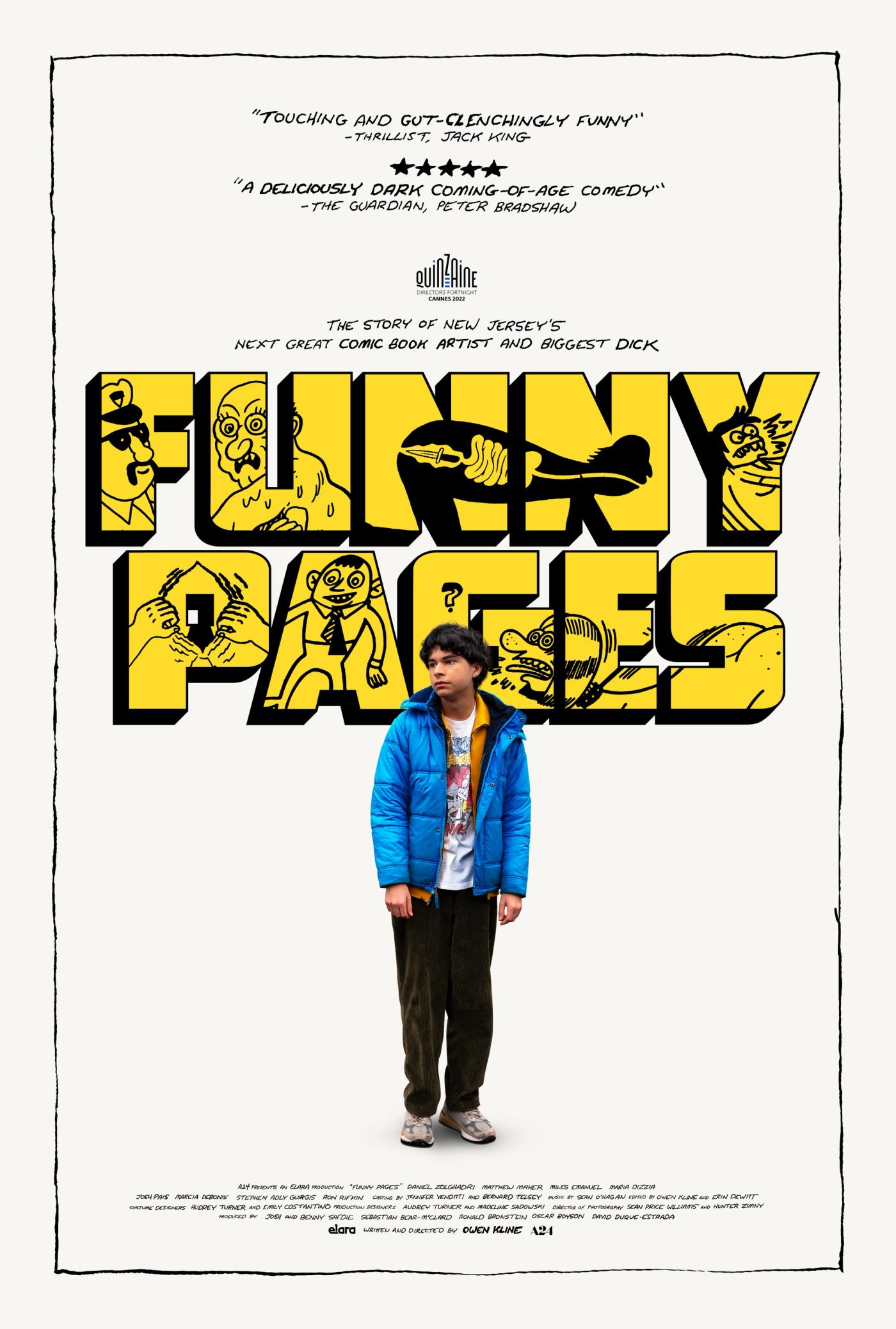 Filmplakat for Funny Pages som viser filmens hovedkarakter stående foran tittelen