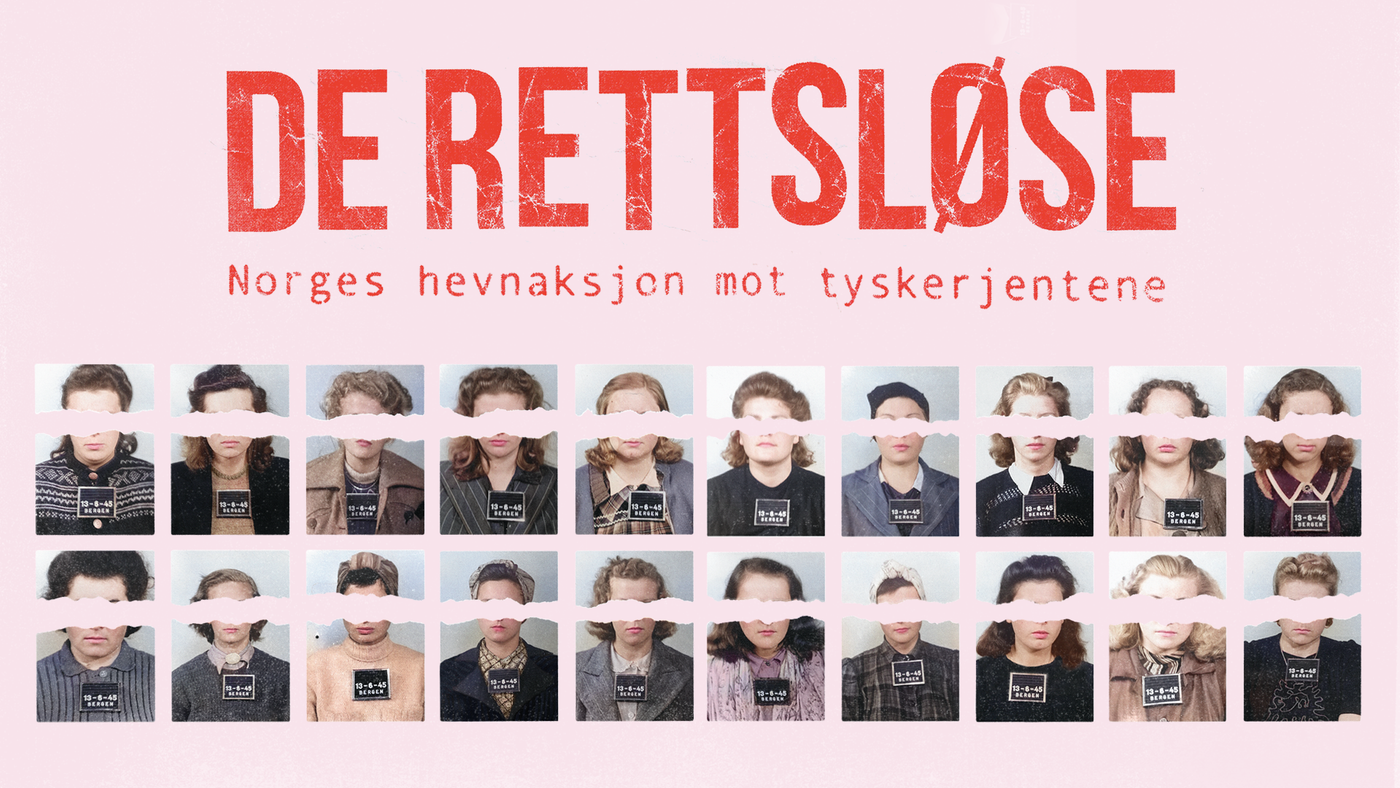 Lyserosa plakat med mange mindre portretter av kvinner. Øynene deres er visket ut slik at de ikke kan gjenkjennes.