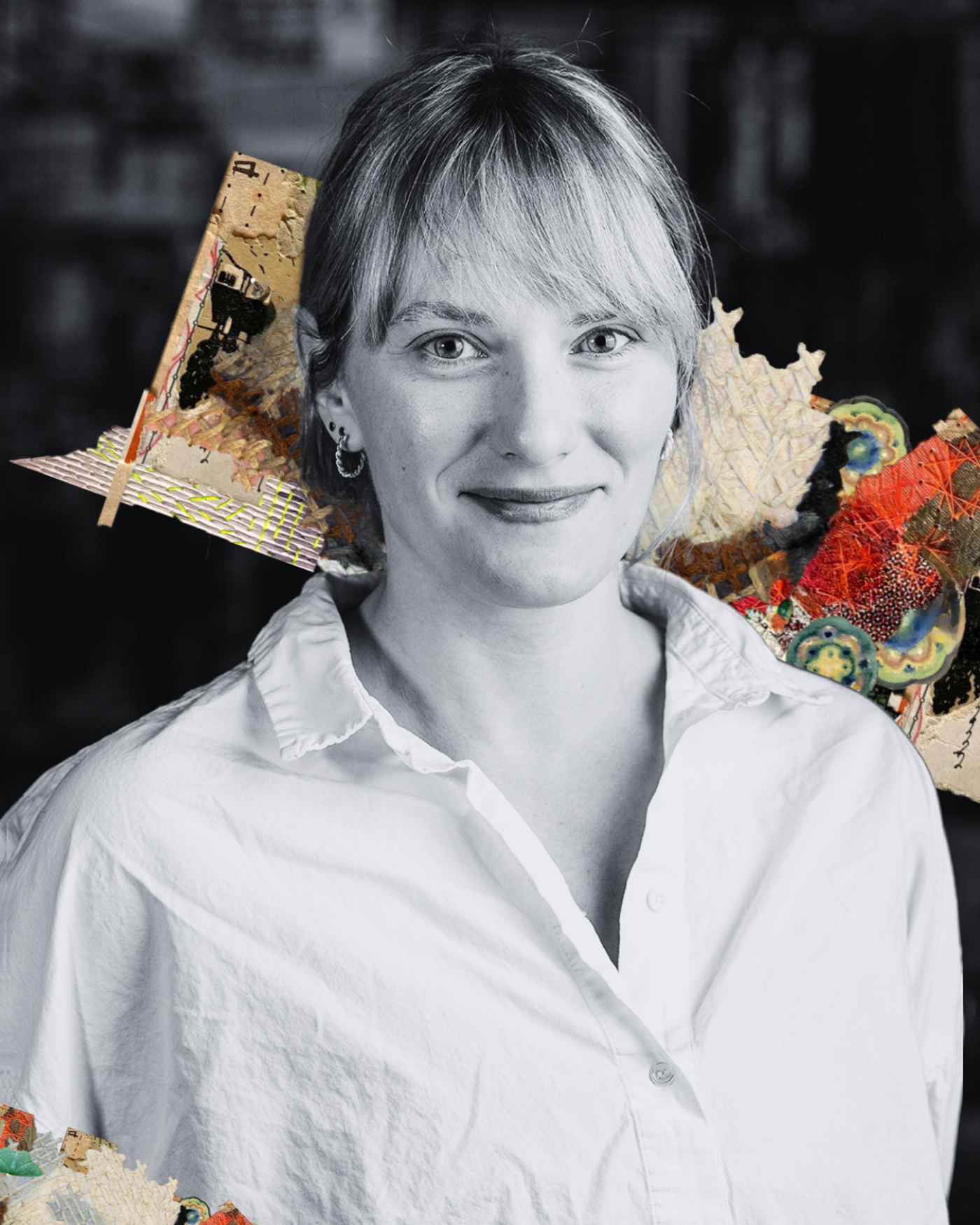 Foto av Julia Wilde i sorthvitt med innklippsbilder fra kostume bak.