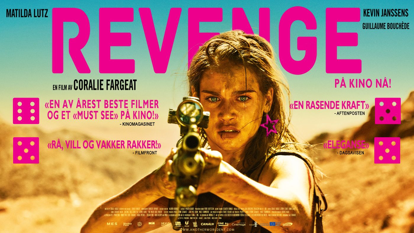 En ung kvinne peker et gevær mot kamera. Revenge står i rosa.