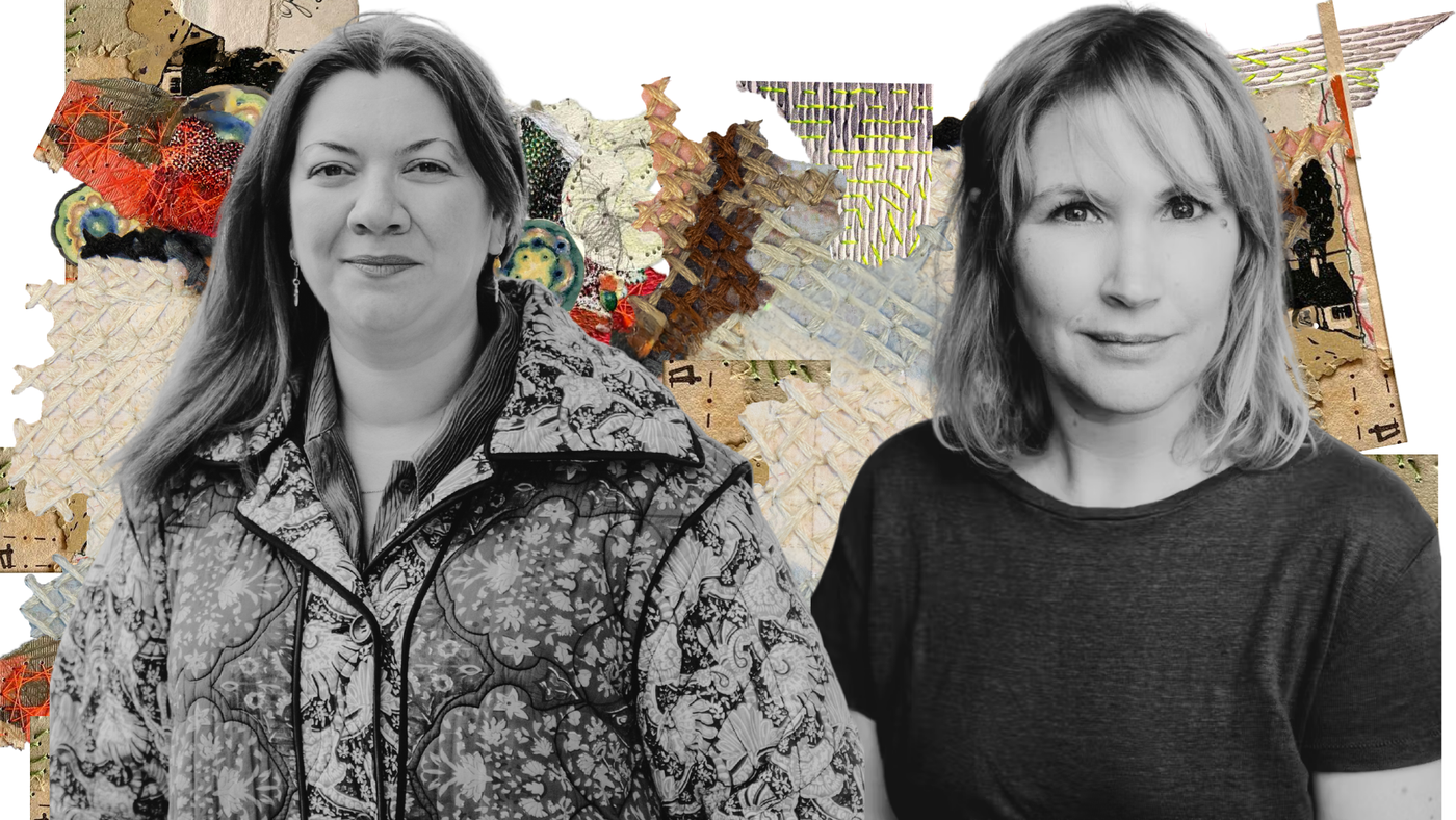 Kunstnerisk ledelse ved Riksteatret og Vega Scene Wenche Victorsdatter og Hege Aga Edelsteen. Portretter i svarthvitt med utklipp fra kostyme i bakgrunnen