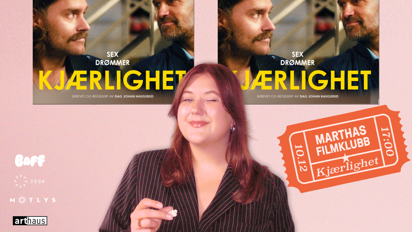 Martha Leivestad ser lurt på deg foran plakaten til filmen Kjærlighet