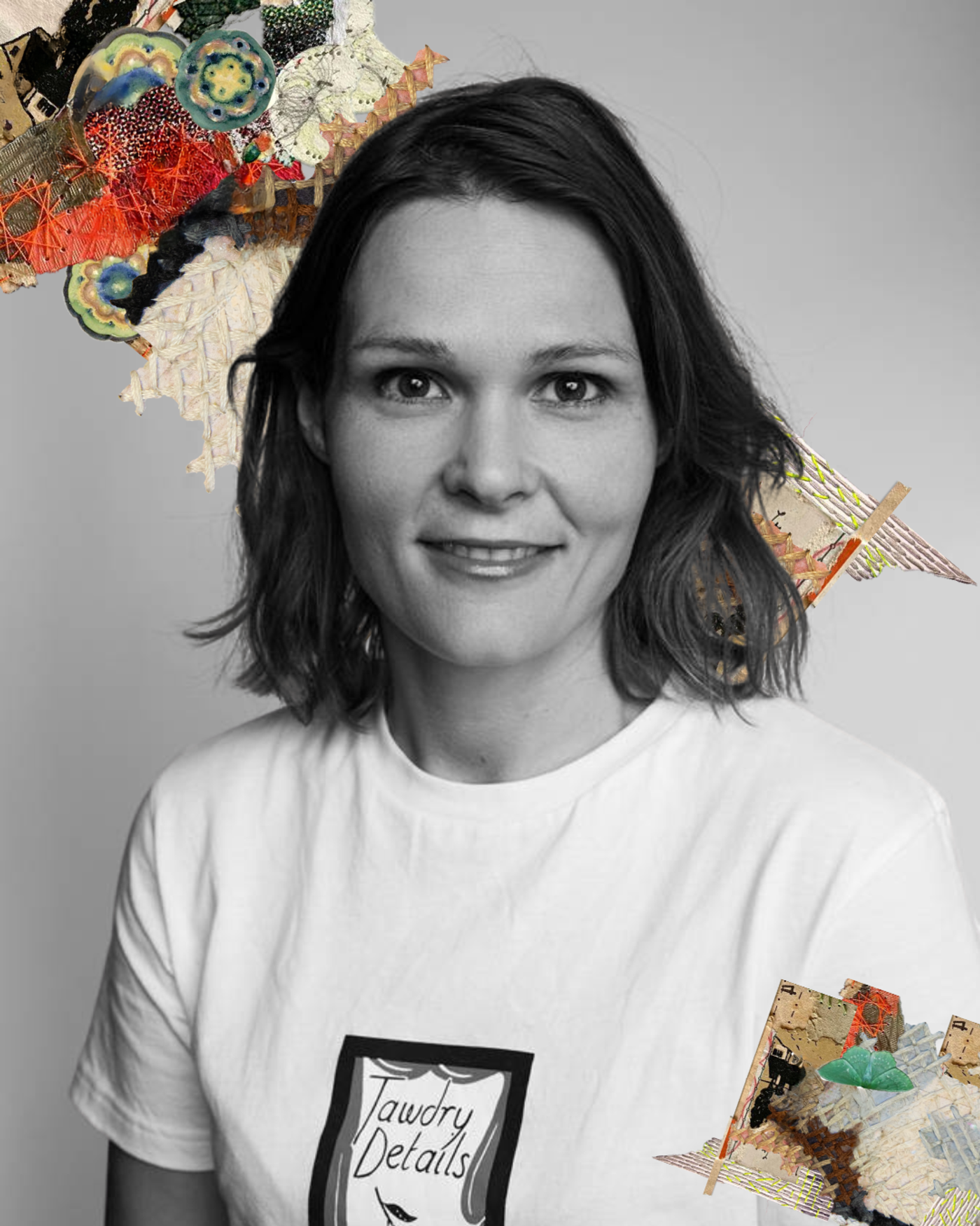 Sort hvitt bilde av regissør Katinka Rydin Berge med innklippsbilder fra kostyme