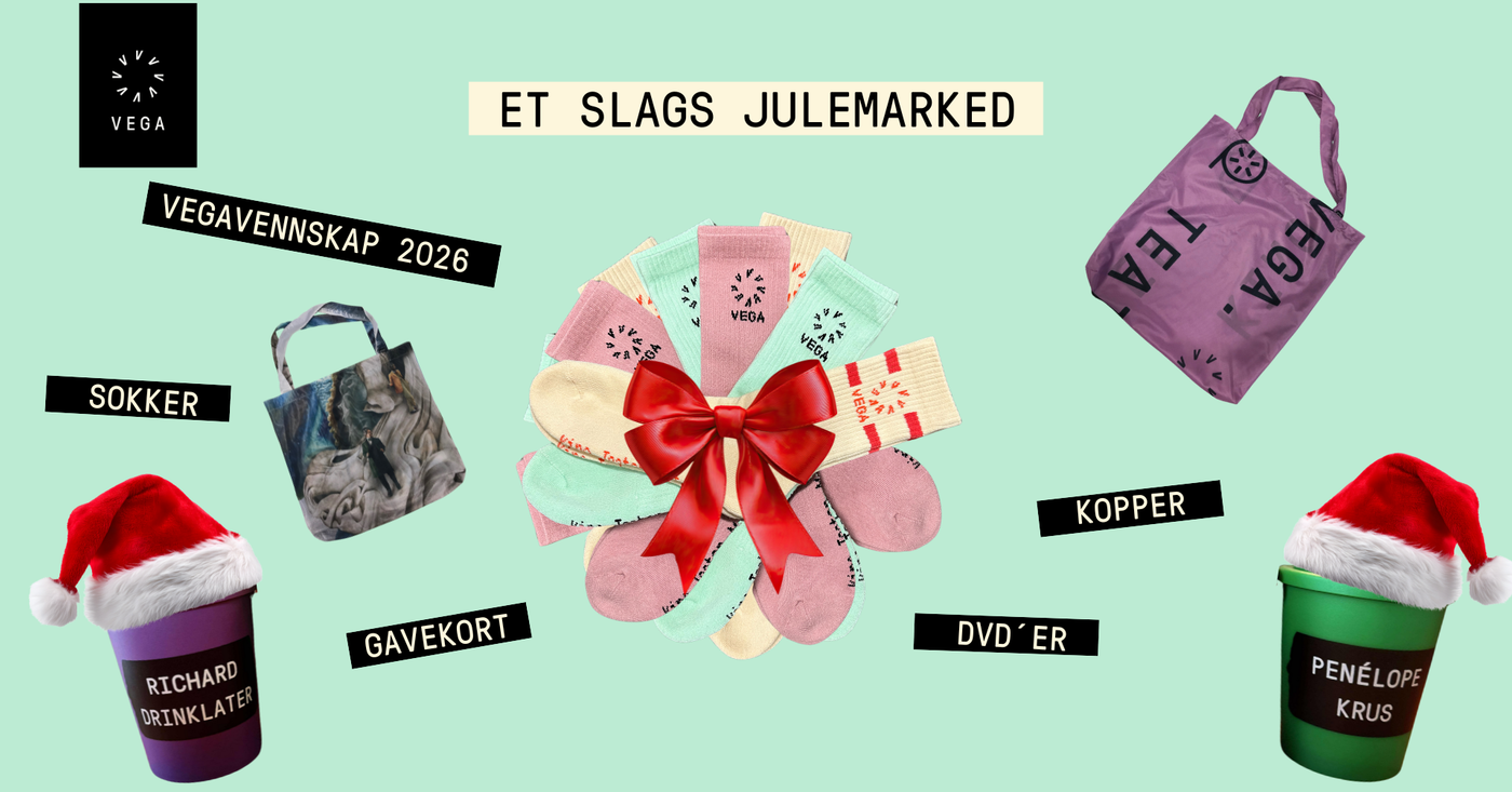 Bilde av Vegakopper og totebags. På bilde står det "et slags julemarked 6. & 7. desember"