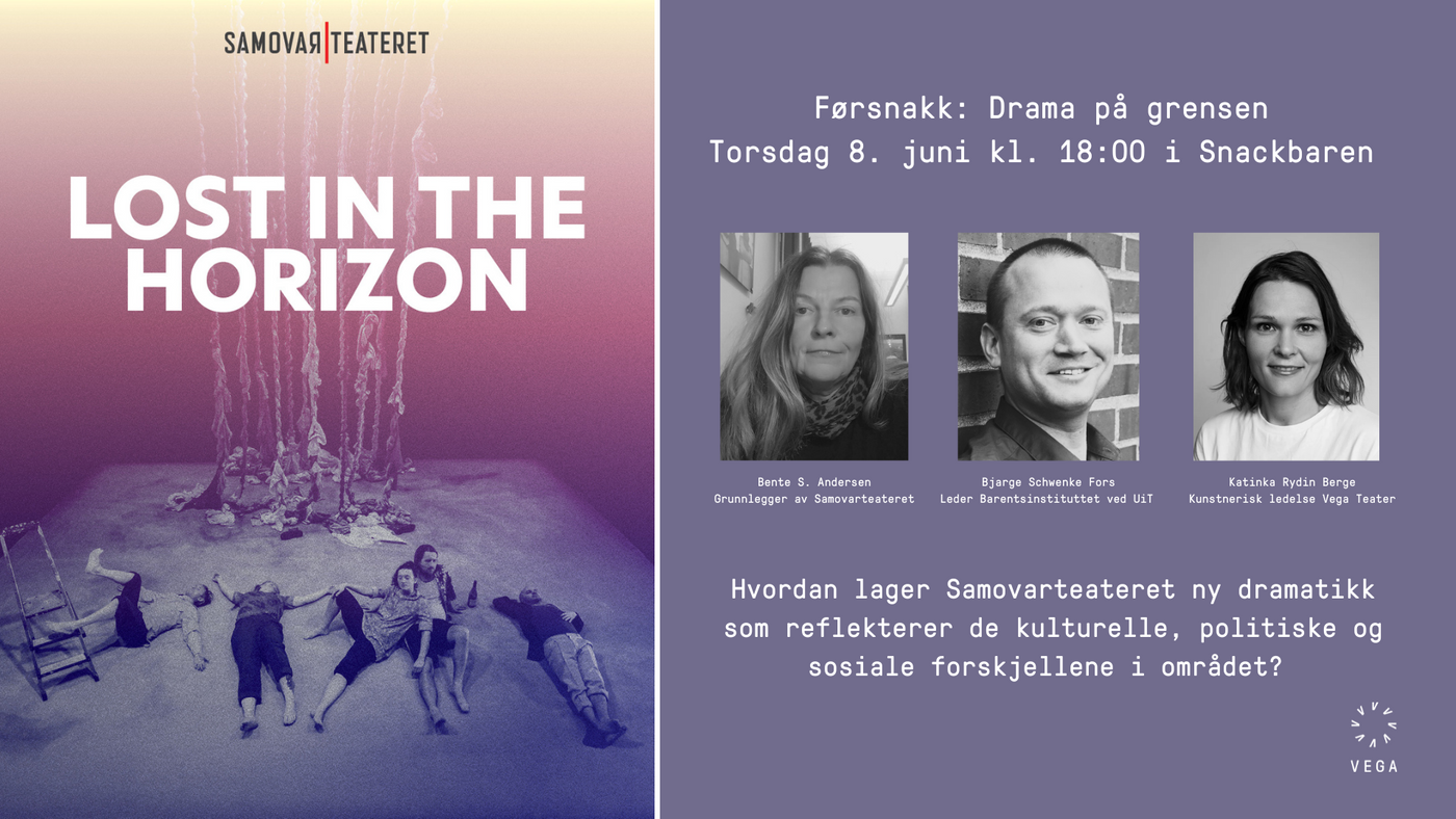Lost in the horison teaterforestilling med informasjon om forsnakk torsdag 8. juni kl 18:00. Bilder av panelet; Bente S. Andersen, Bjarge Schwenke Fors, Katinka Rydin Berge