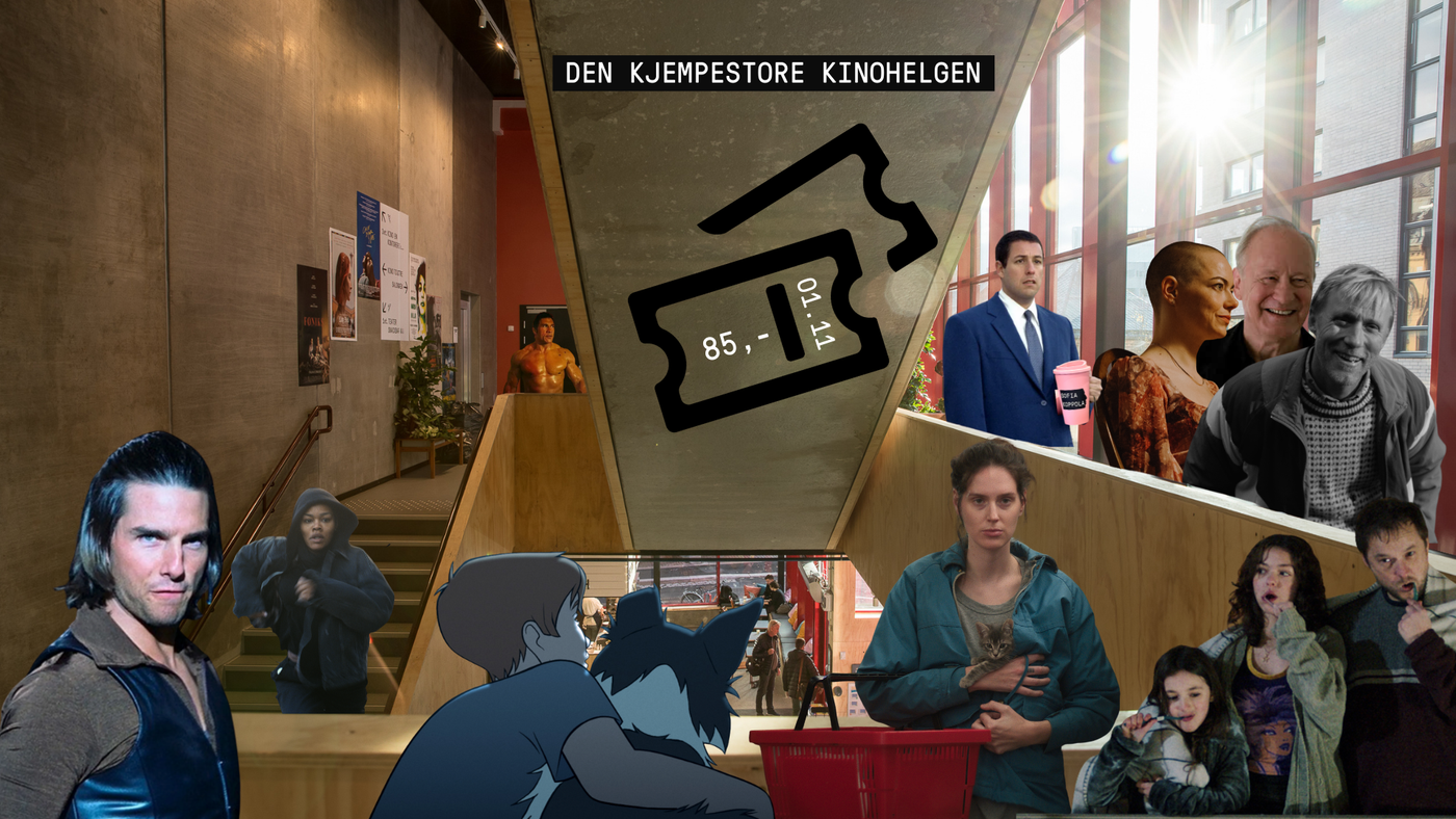 Collage i kinolokale med tekst «Den kjempestore kinohelgen», kinobillett og ulike filmkarakterer i flere stilarter.