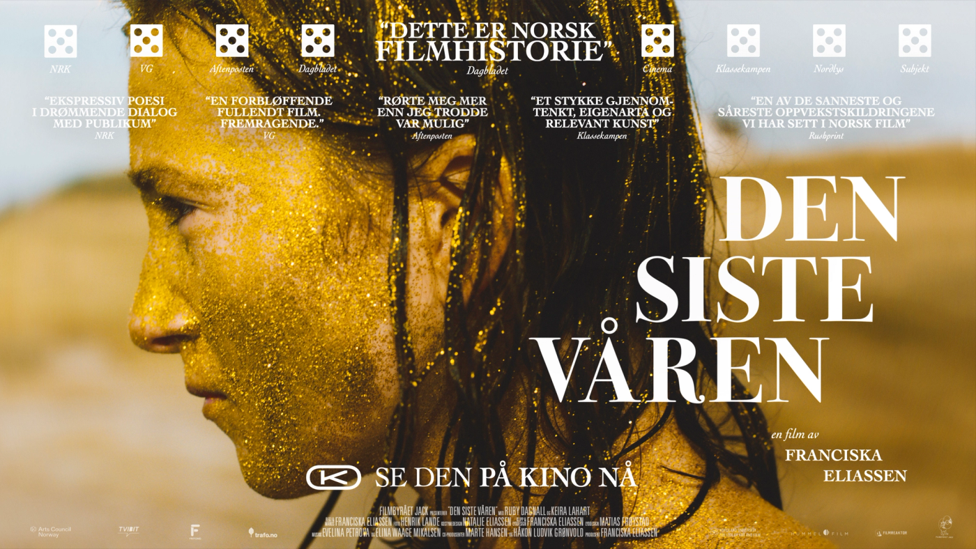 Filmplakat for filmen Den siste våren som viser en jente med gullglitter over hele seg