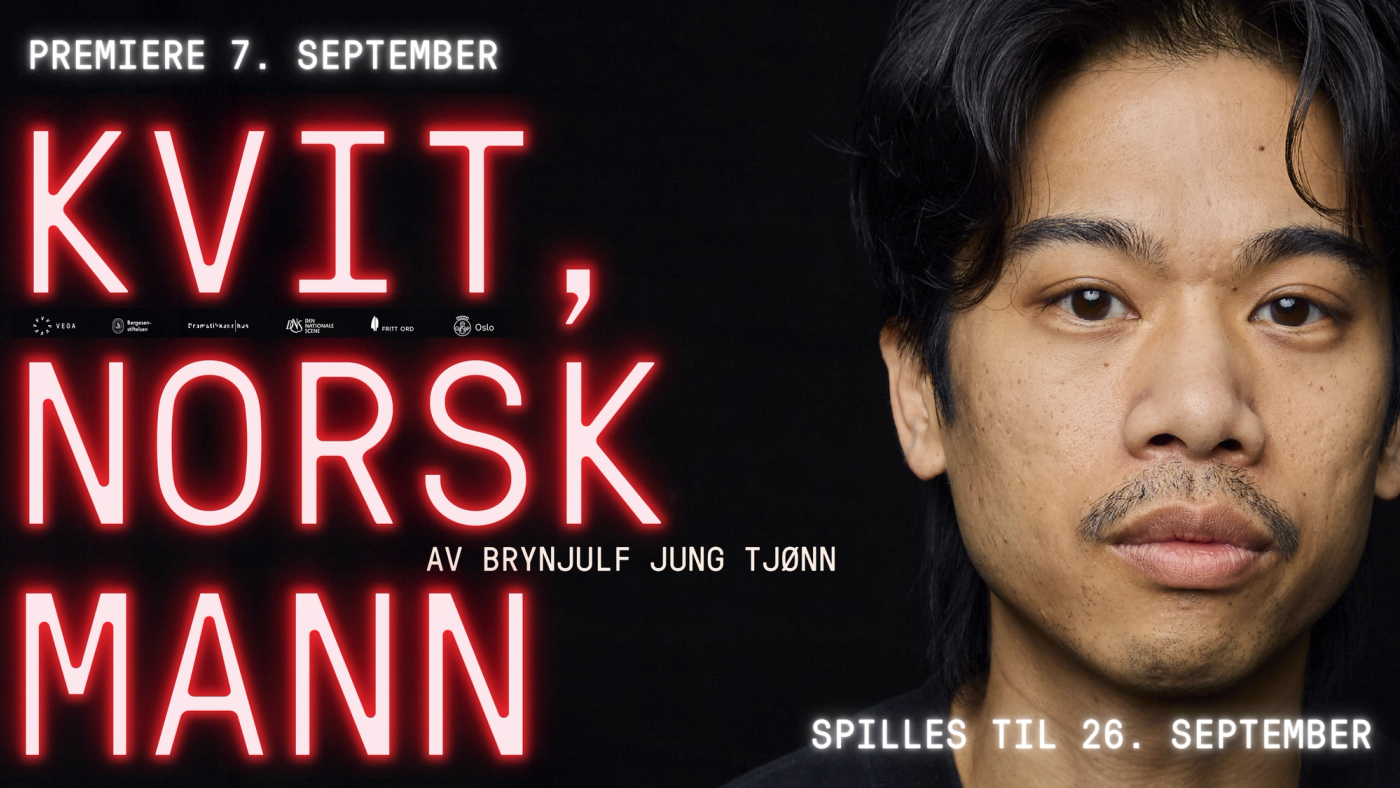 Asiatisk mann ser direkte inn i kameraet. Teksten Kvit, norsk mann står i neon på bildet