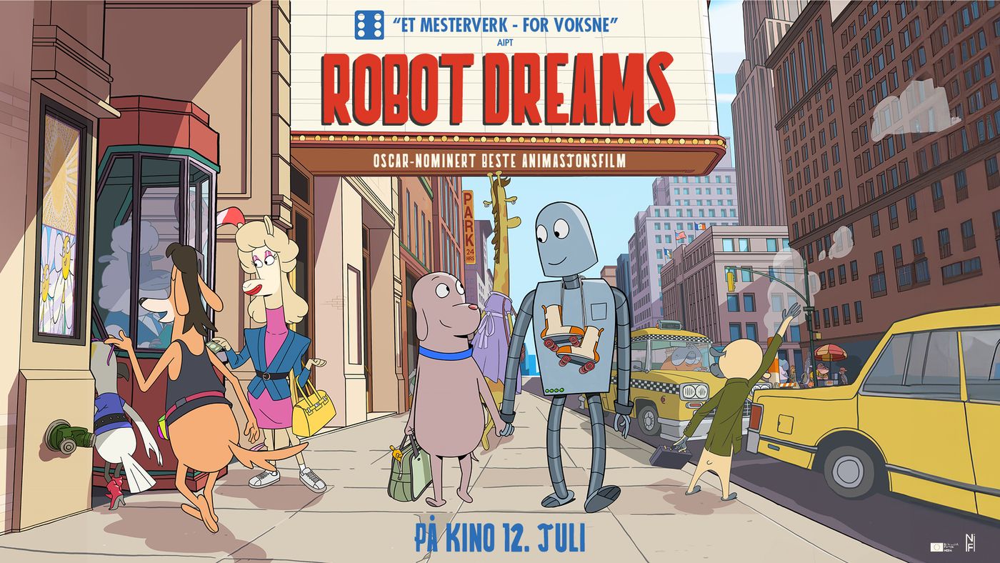 Tegnet bilde av en robot og en hund går nedover gata og holder hender. De går forbi en kino og på skiltet står det Robot Dreams