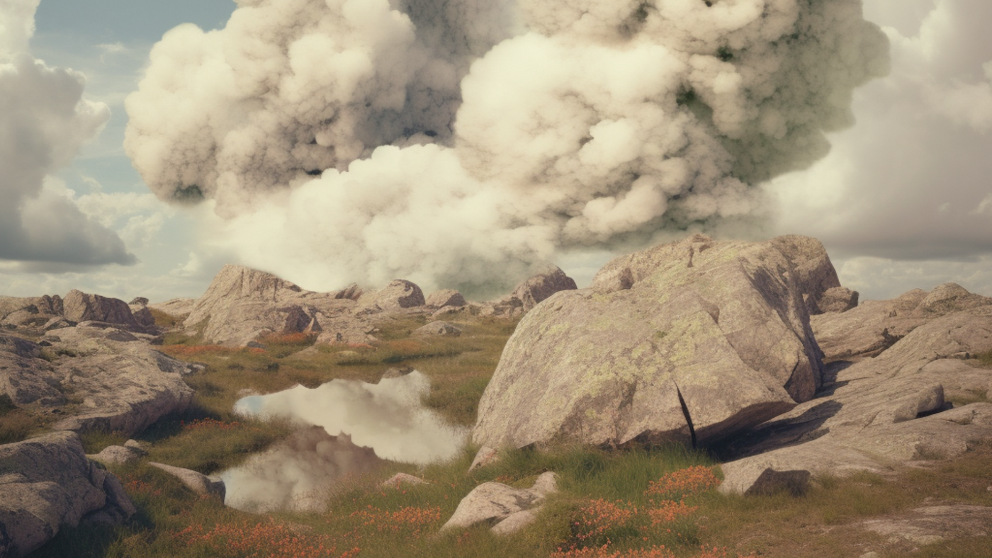 Mystisk bilde av en fjellandskap med noen små dammer og en stor røyksky i bakgrunnen
