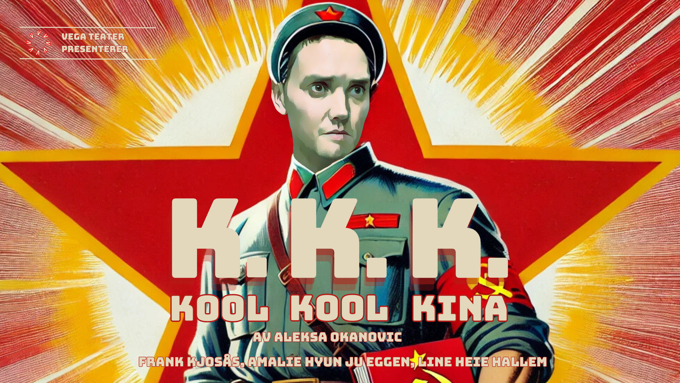 Plakat for teaterforestillingen Kool Kool Kina. Frank Kjosås tegnet i kommunist uniform. Bak han en stor rød og gul stjerne