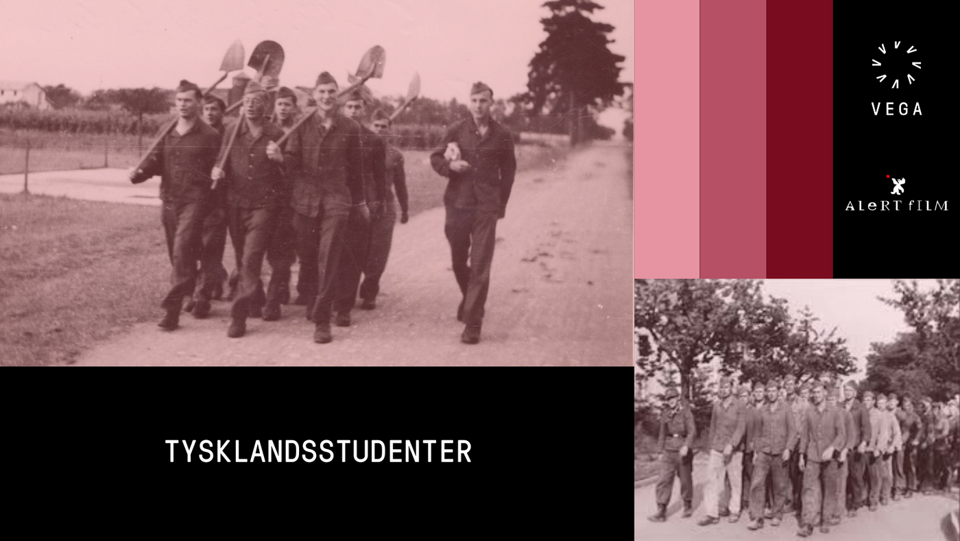 Poster med bilder fra filmen Tysklandsstudenter. Diverse bilder med rosa filter over av unge menn i uniform som marsjerer i gruppe.