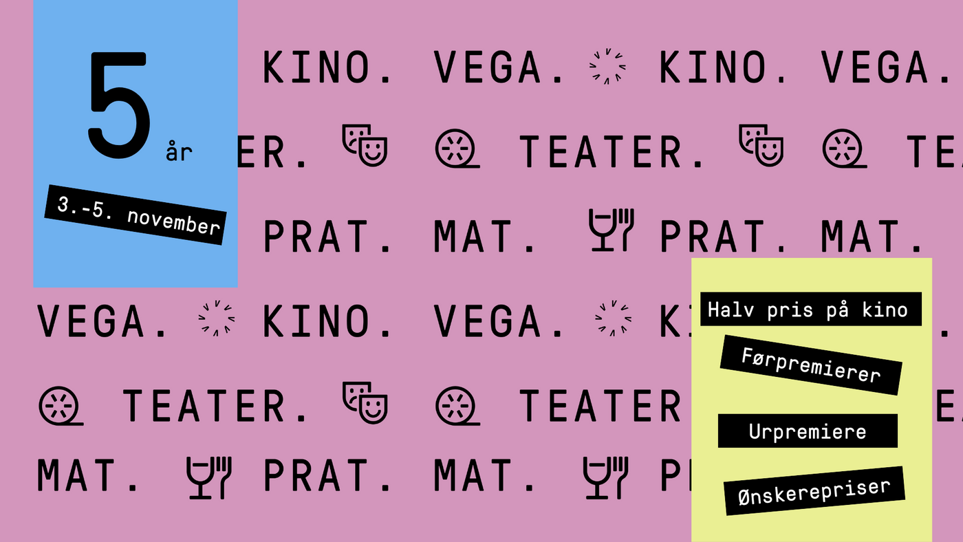 Rosa plakat med kino, teater, mat og prat.